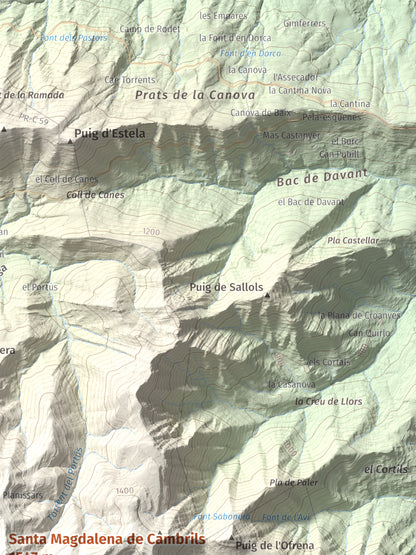 Mapa de relieve de Santa Magdalena de Cambrils, 1547 m, Osona · Ripollès, lámina 100 Cims de Trobart. Detalle de la zona superior derecha. 30 × 40 cm.