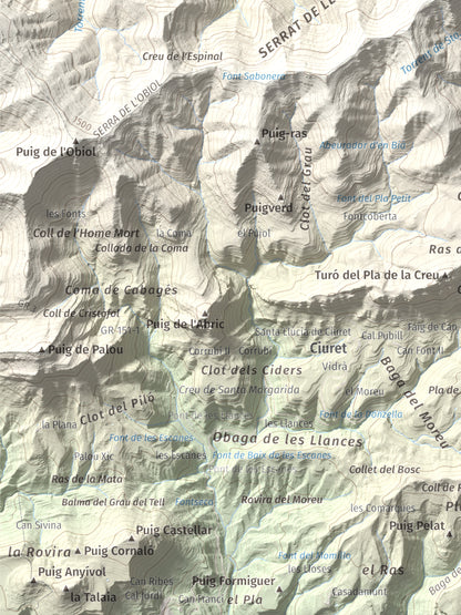 Mapa de relieve de Santa Magdalena de Cambrils, 1547 m, Osona · Ripollès, lámina 100 Cims de Trobart. Detalle de la zona inferior izquierda. 30 × 40 cm.