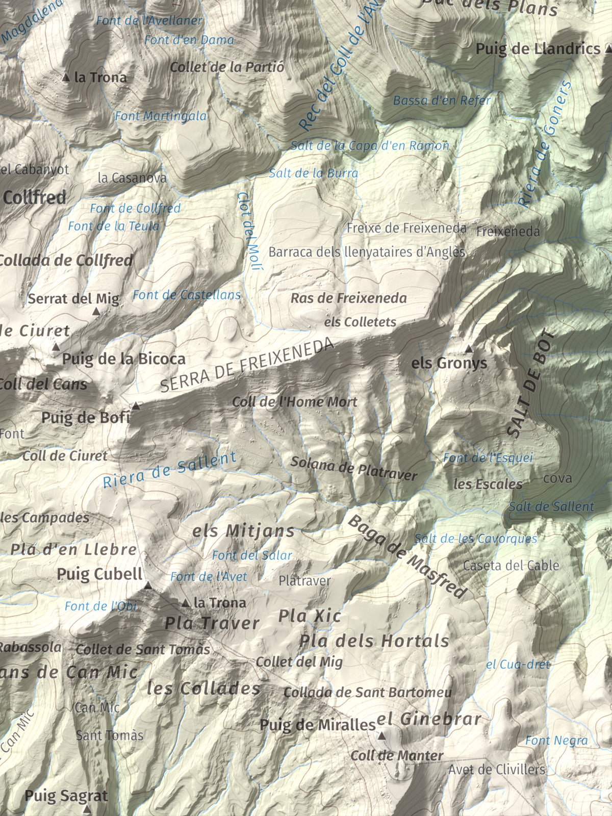 Mapa de relieve de Santa Magdalena de Cambrils, 1547 m, Osona · Ripollès, lámina 100 Cims de Trobart. Detalle de la zona inferior derecha. 30 × 40 cm.