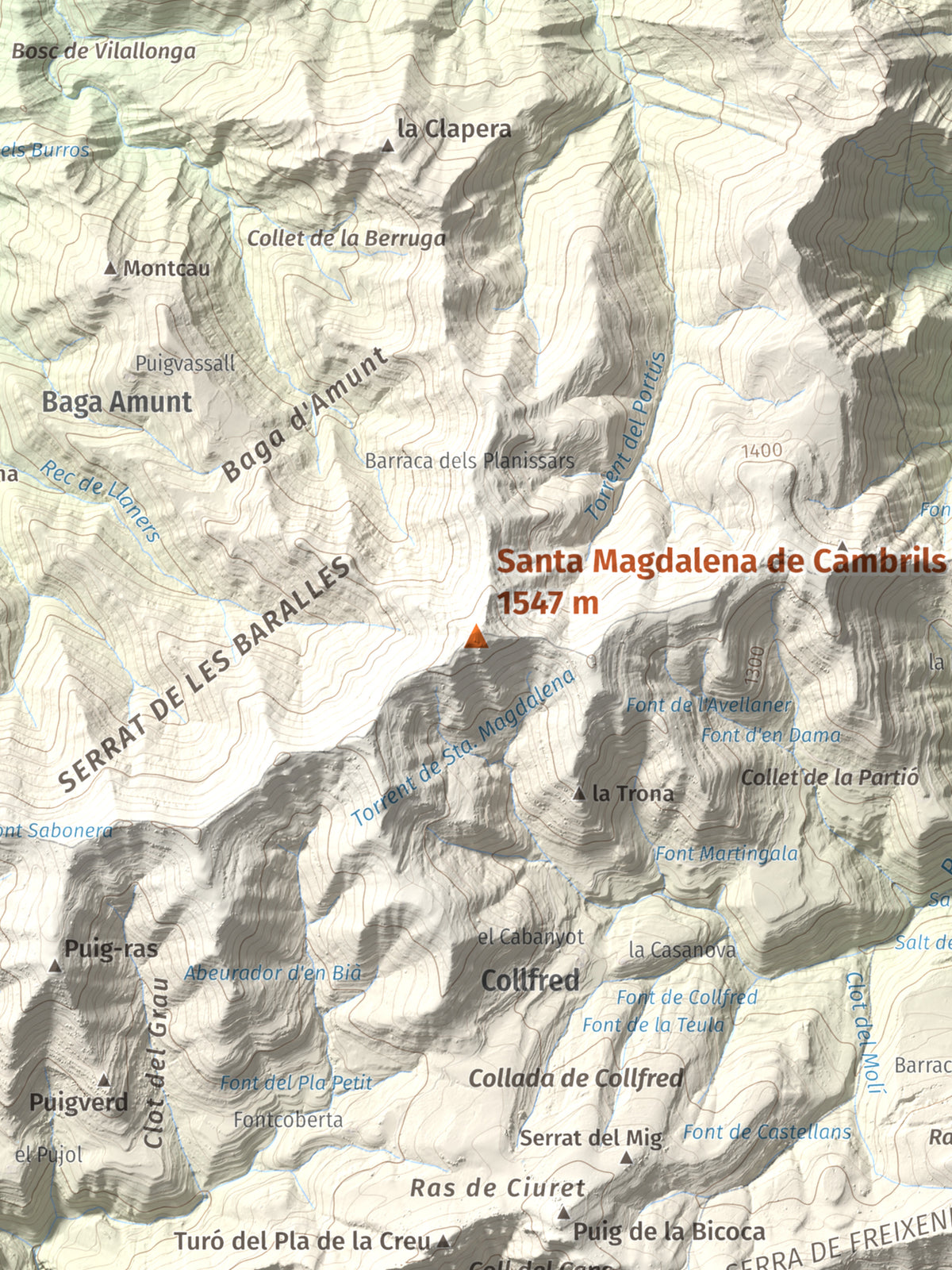 Mapa de relieve de Santa Magdalena de Cambrils, 1547 m, Osona · Ripollès, lámina 100 Cims de Trobart. Detalle de la zona central. 30 × 40 cm.