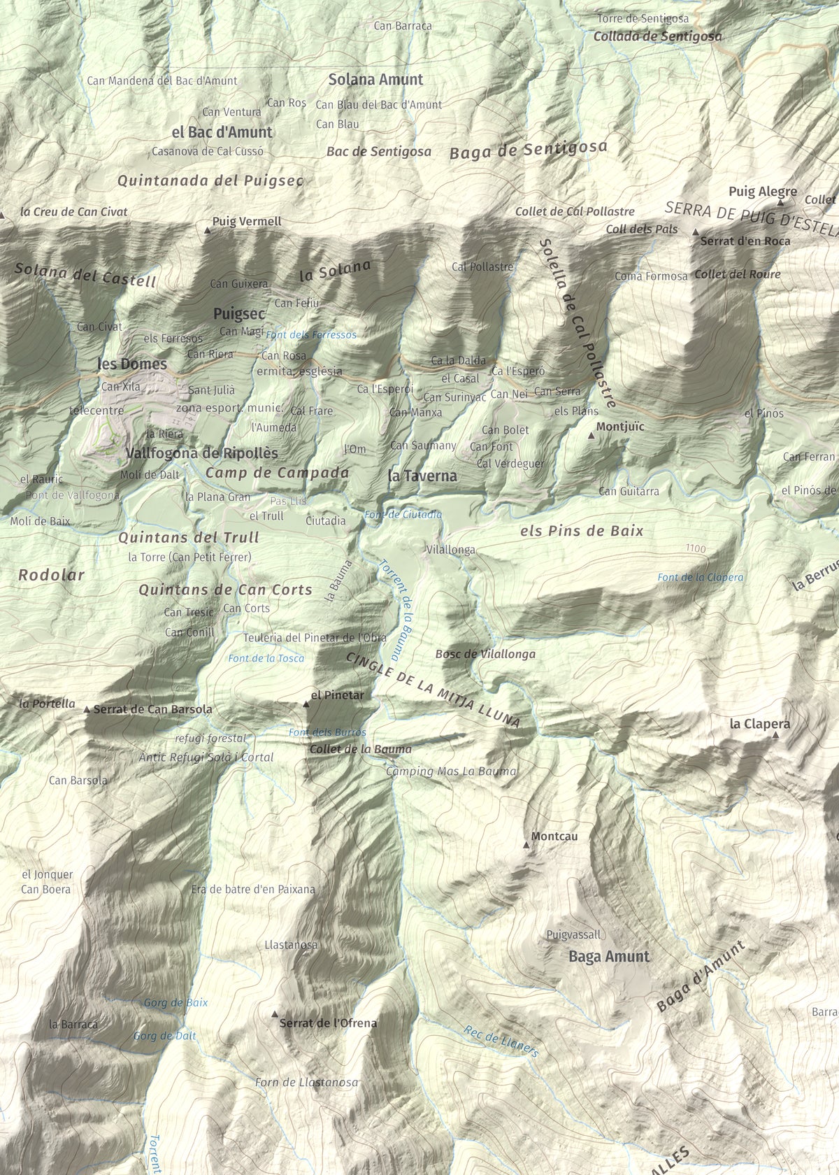 Mapa de relieve de Santa Magdalena de Cambrils, 1547 m, Osona · Ripollès, lámina 100 Cims de Trobart. Detalle de la zona superior izquierda. 50 × 70 cm.