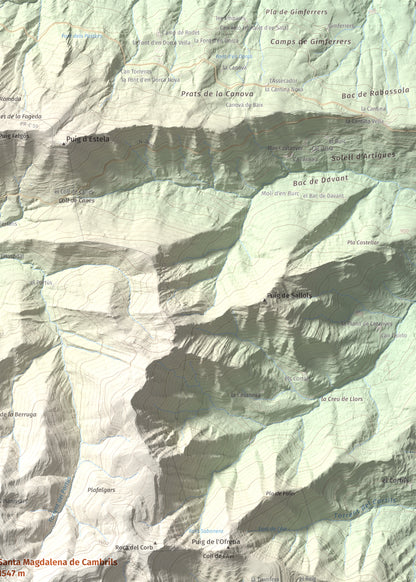 Mapa de relieve de Santa Magdalena de Cambrils, 1547 m, Osona · Ripollès, lámina 100 Cims de Trobart. Detalle de la zona superior derecha. 50 × 70 cm.