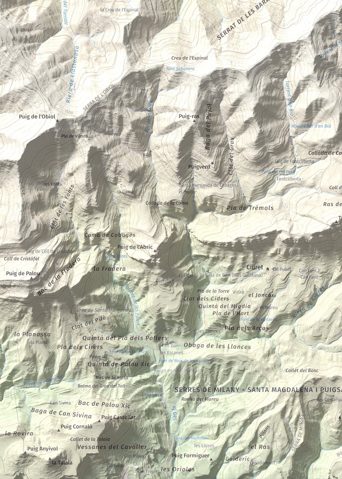 Mapa de relieve de Santa Magdalena de Cambrils, 1547 m, Osona · Ripollès, lámina 100 Cims de Trobart. Detalle de la zona inferior izquierda. 50 × 70 cm.