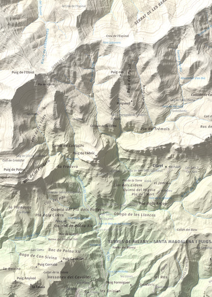 Mapa de relieve de Santa Magdalena de Cambrils, 1547 m, Osona · Ripollès, lámina 100 Cims de Trobart. Detalle de la zona inferior izquierda. 50 × 70 cm.