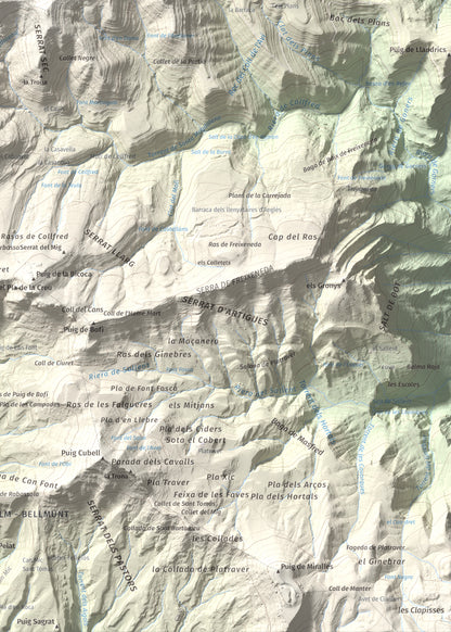Mapa de relieve de Santa Magdalena de Cambrils, 1547 m, Osona · Ripollès, lámina 100 Cims de Trobart. Detalle de la zona inferior derecha. 50 × 70 cm.