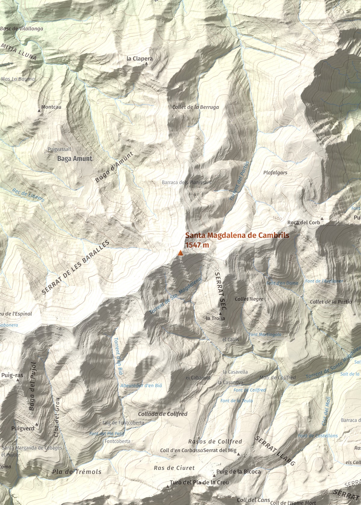 Mapa de relieve de Santa Magdalena de Cambrils, 1547 m, Osona · Ripollès, lámina 100 Cims de Trobart. Detalle de la zona central. 50 × 70 cm.