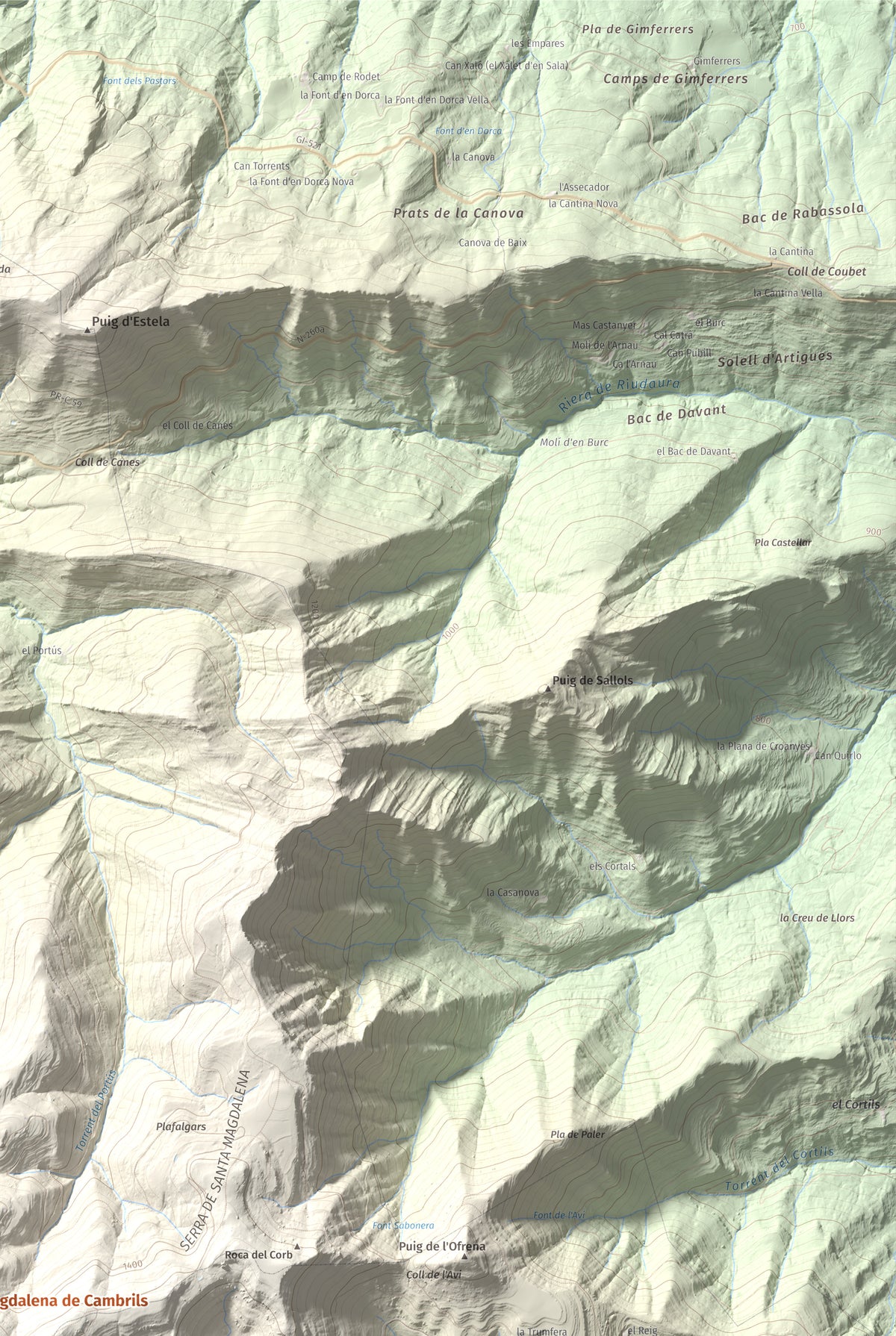 Mapa de relieve de Santa Magdalena de Cambrils, 1547 m, Osona · Ripollès, lámina 100 Cims de Trobart. Detalle de la zona superior derecha. 61 × 91 cm.