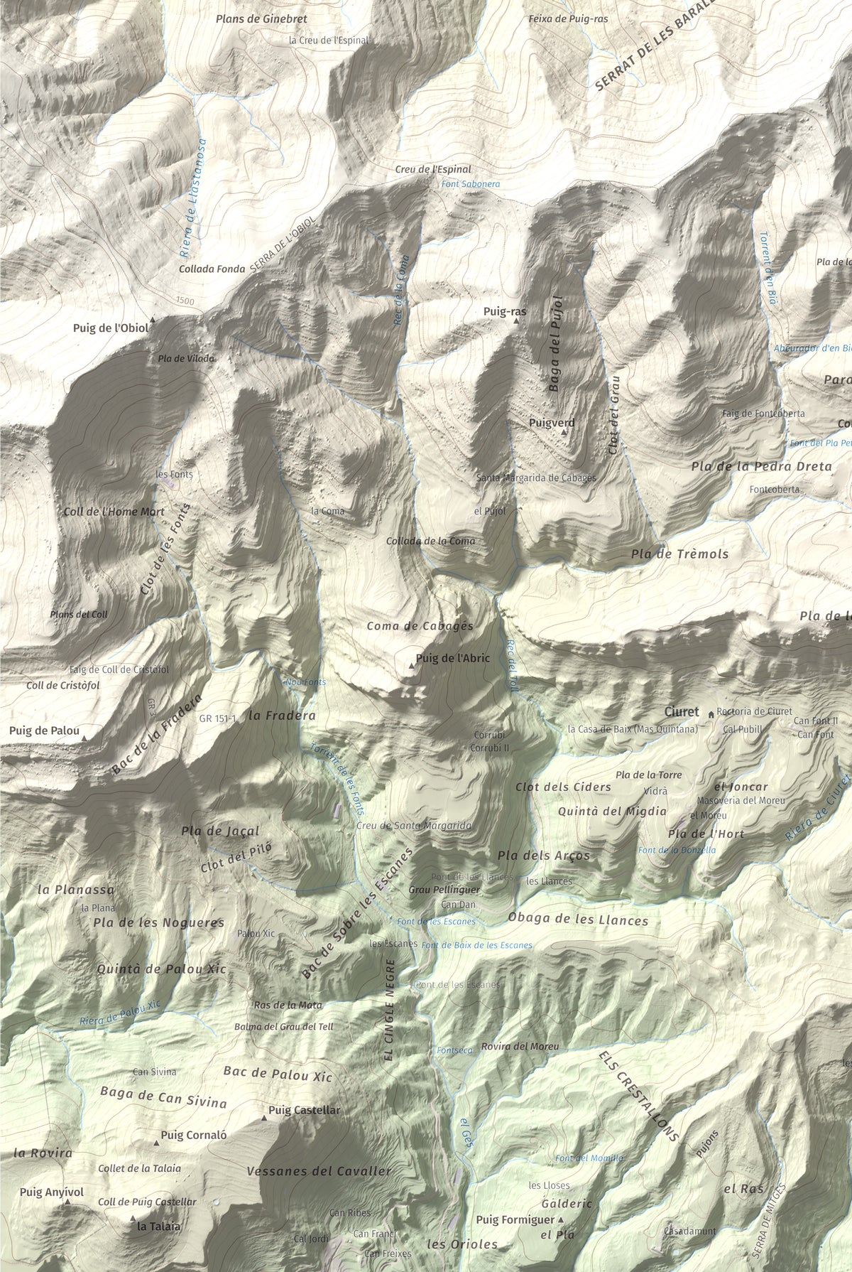 Mapa de relieve de Santa Magdalena de Cambrils, 1547 m, Osona · Ripollès, lámina 100 Cims de Trobart. Detalle de la zona inferior izquierda. 61 × 91 cm.