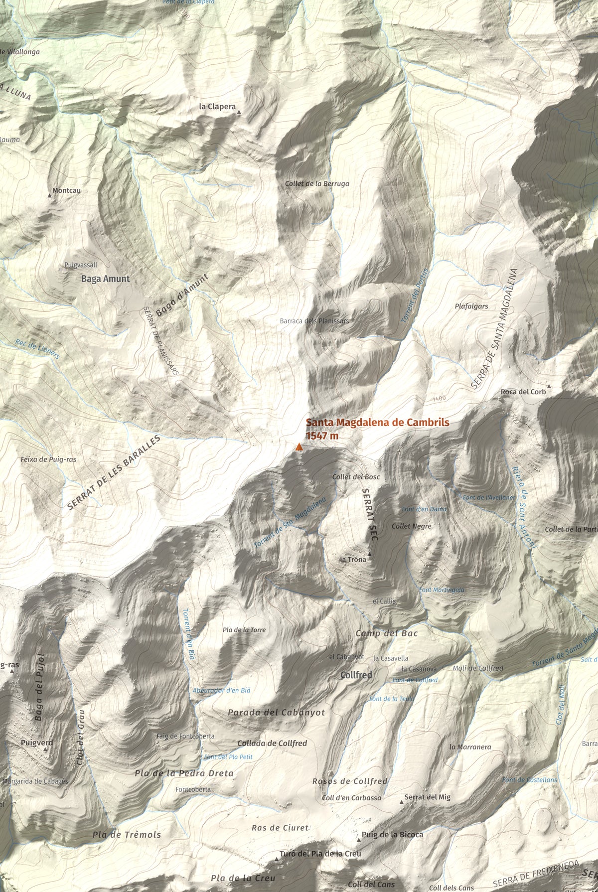 Mapa de relieve de Santa Magdalena de Cambrils, 1547 m, Osona · Ripollès, lámina 100 Cims de Trobart. Detalle de la zona central. 61 × 91 cm.