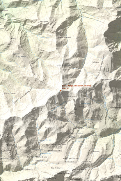 Mapa de relieve de Santa Magdalena de Cambrils, 1547 m, Osona · Ripollès, lámina 100 Cims de Trobart. Detalle de la zona central. 61 × 91 cm.