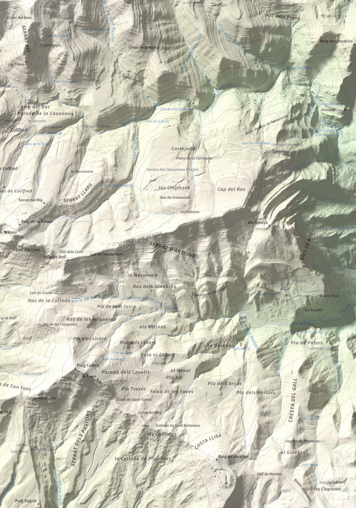 Mapa de relieve de Santa Magdalena de Cambrils, 1547 m, Osona · Ripollès, lámina 100 Cims de Trobart. Detalle de la zona inferior derecha. 70 × 100 cm.