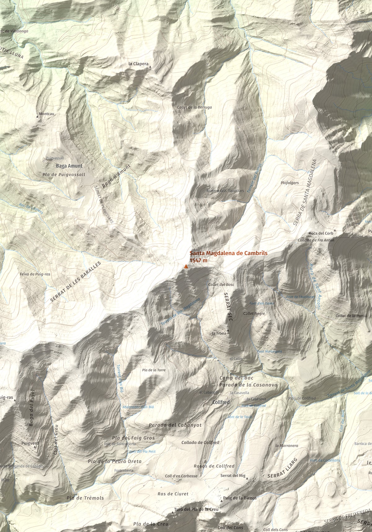Mapa de relieve de Santa Magdalena de Cambrils, 1547 m, Osona · Ripollès, lámina 100 Cims de Trobart. Detalle de la zona central. 70 × 100 cm.