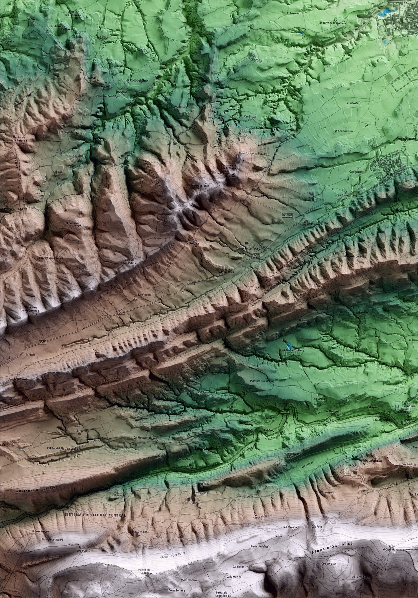 Mapa artístico del relieve de Santa Margarida de Montbui, al Anoia, con 15 km de entorno y base topográfica ICGC. Detalle de la zona inferior izquierda.