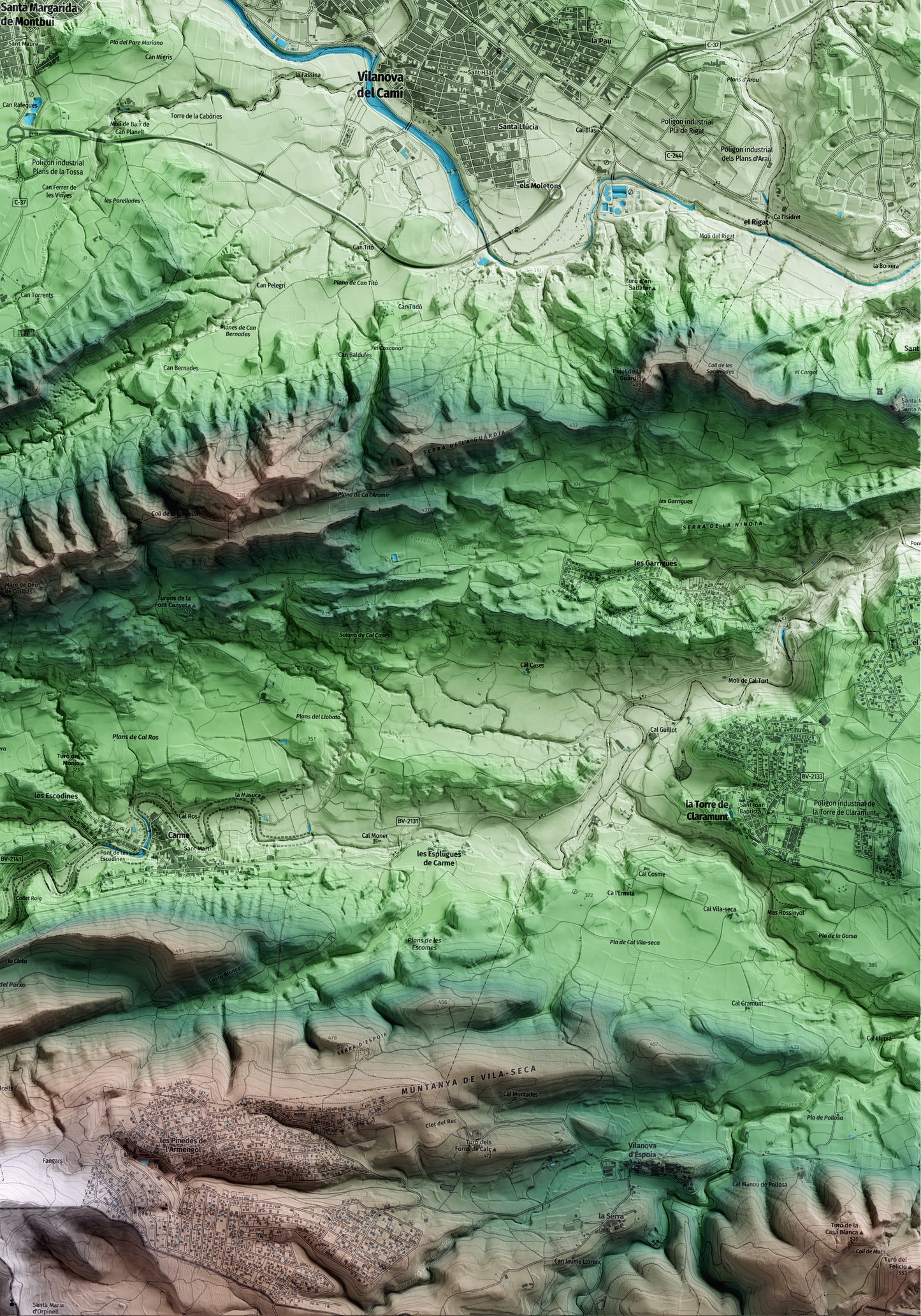 Mapa artístico del relieve de Santa Margarida de Montbui, al Anoia, con 15 km de entorno y base topográfica ICGC. Detalle de la zona inferior derecha.