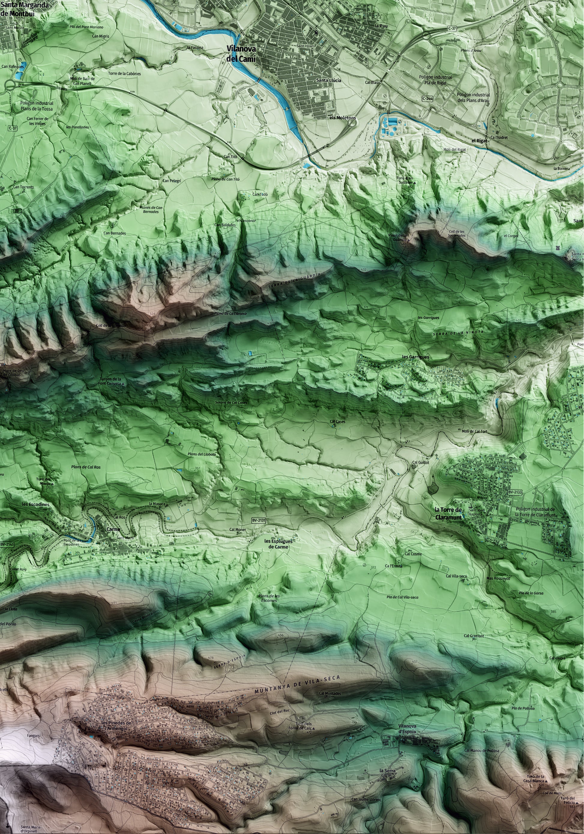 Mapa artístico del relieve de Santa Margarida de Montbui, al Anoia, con 15 km de entorno y base topográfica ICGC. Detalle de la zona inferior derecha.
