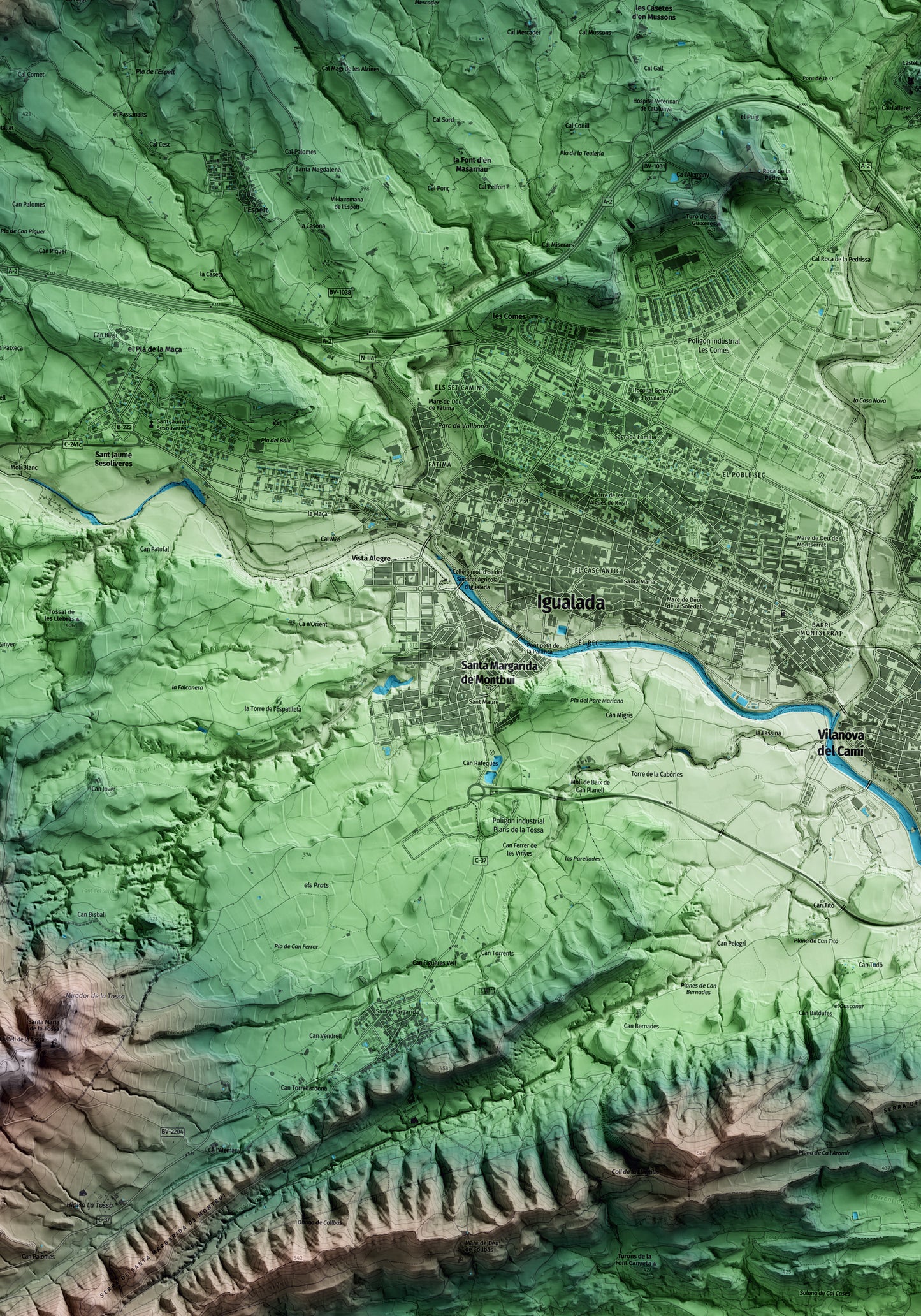 Mapa artístico del relieve de Santa Margarida de Montbui, al Anoia, con 15 km de entorno y base topográfica ICGC. Detalle de la zona central.
