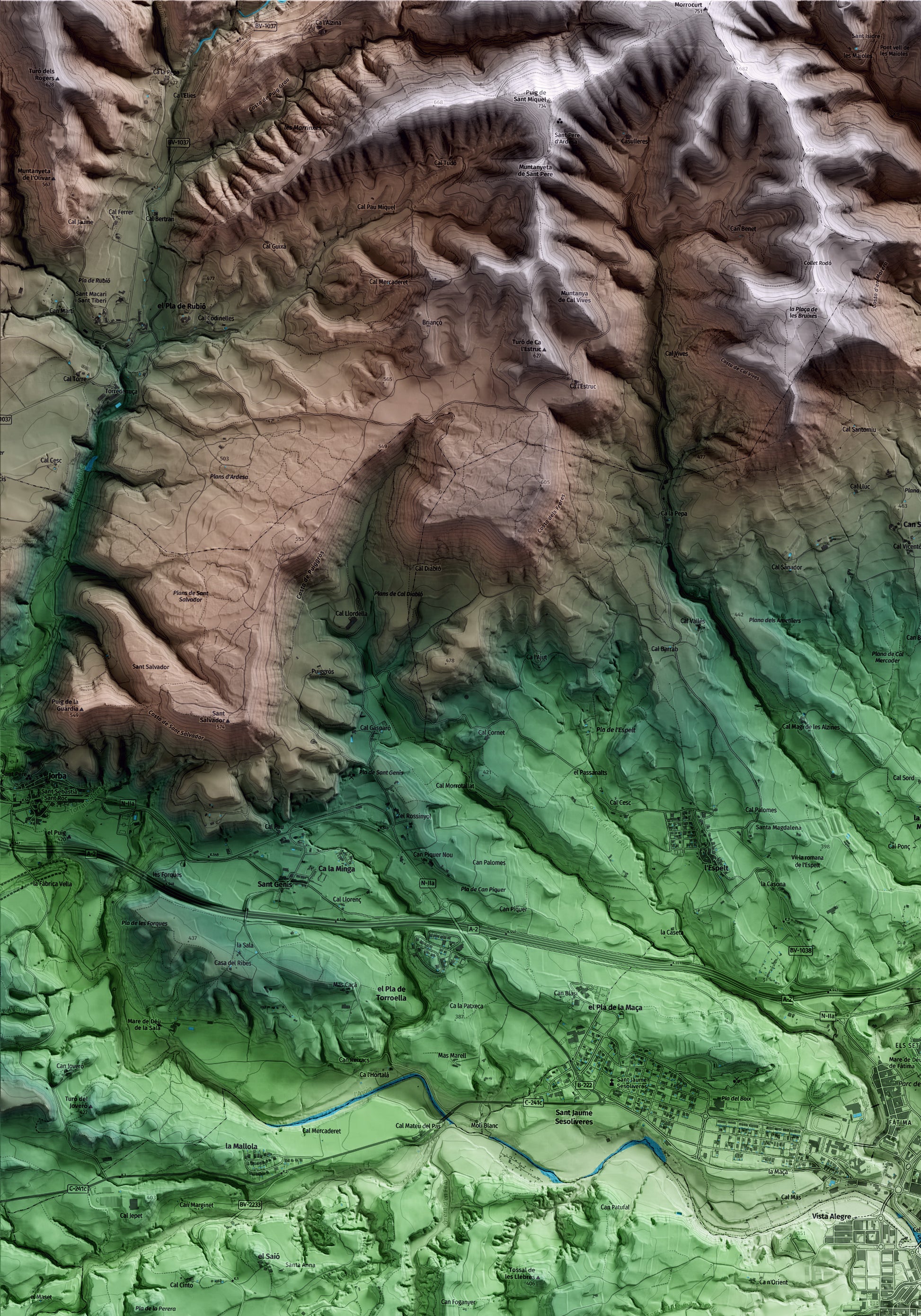 Mapa artístico del relieve de Santa Margarida de Montbui, al Anoia, con 15 km de entorno y base topográfica ICGC. Detalle de la zona superior izquierda.