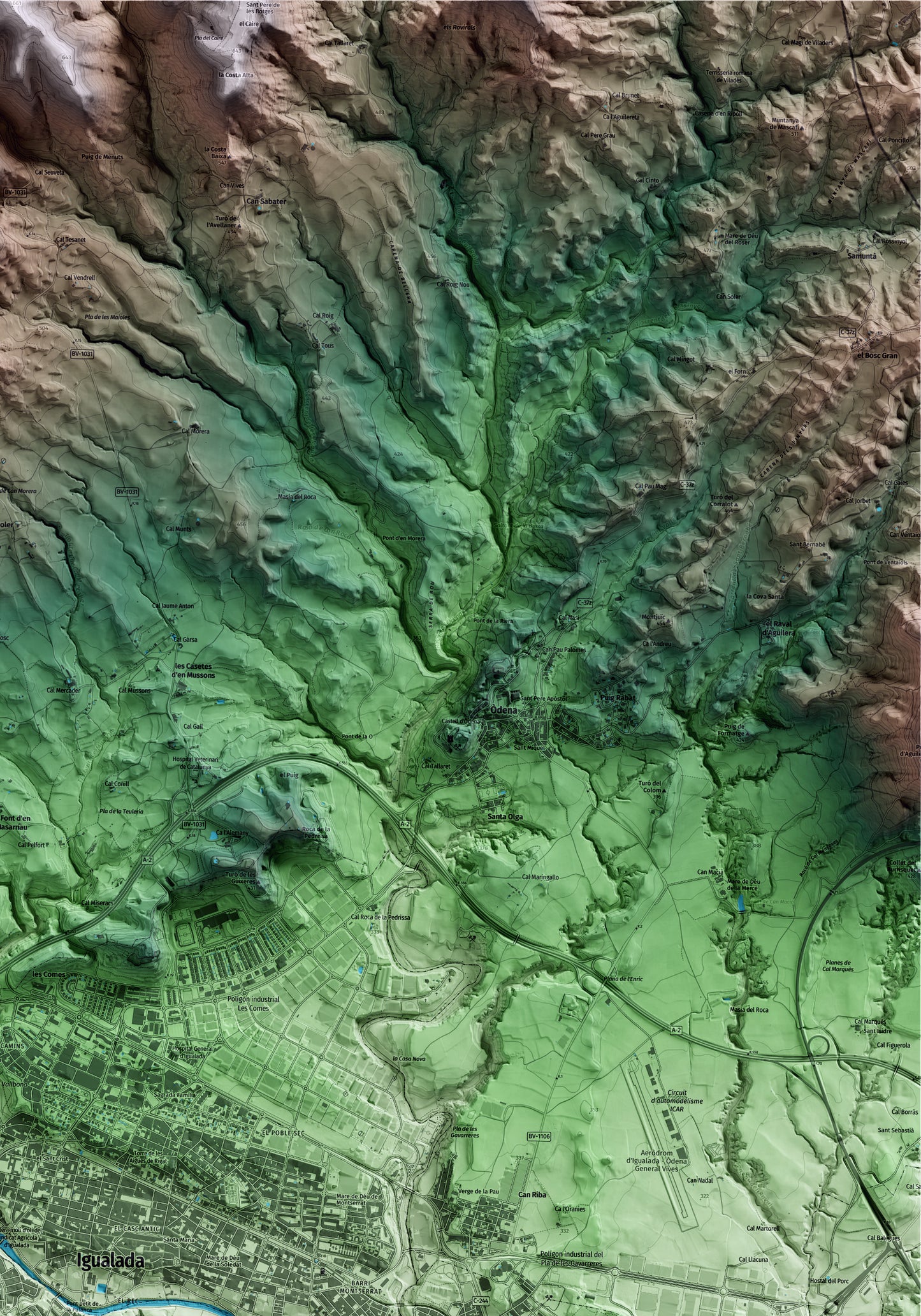 Mapa artístico del relieve de Santa Margarida de Montbui, al Anoia, con 15 km de entorno y base topográfica ICGC. Detalle de la zona superior derecha.