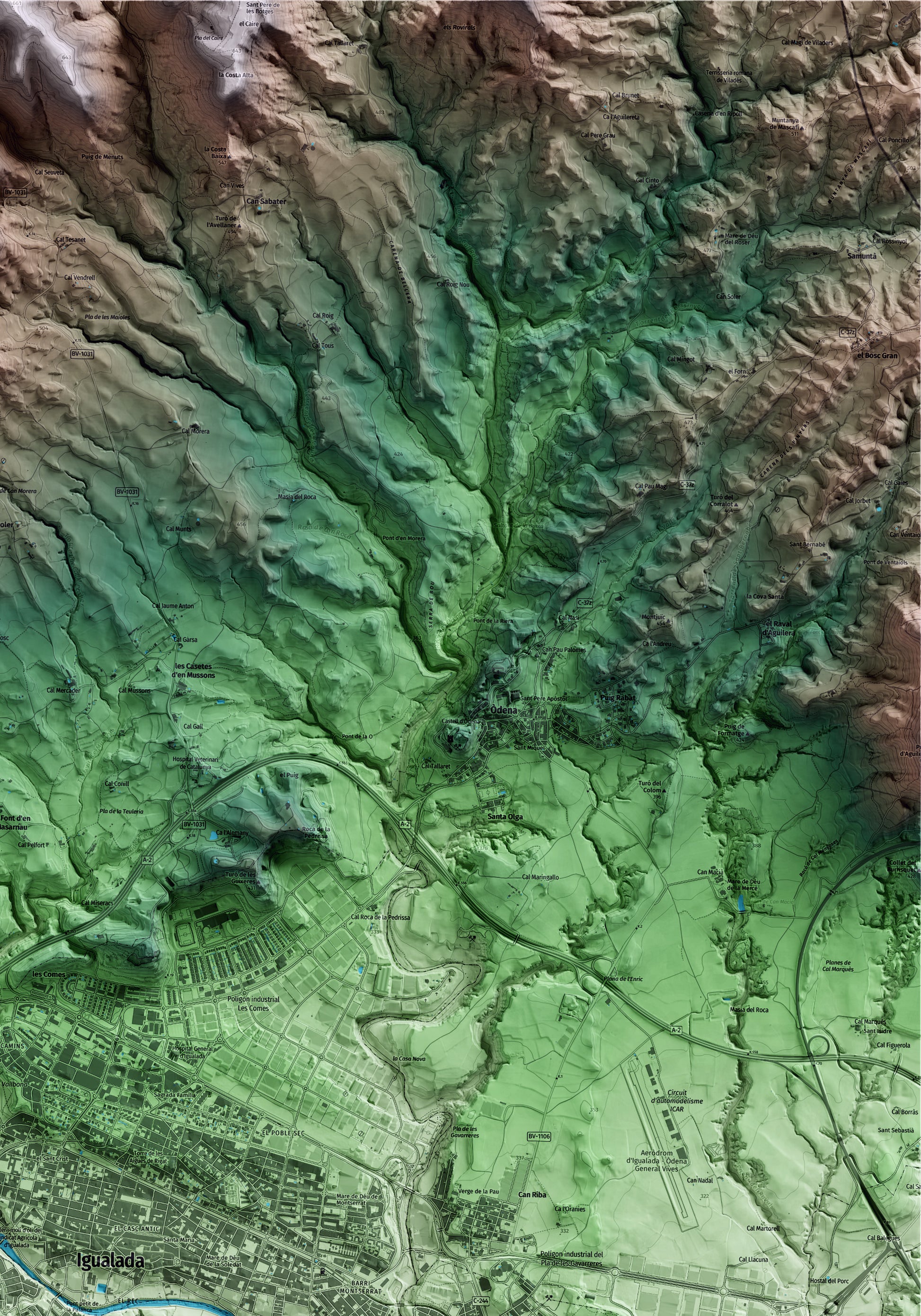 Mapa artístico del relieve de Santa Margarida de Montbui, al Anoia, con 15 km de entorno y base topográfica ICGC. Detalle de la zona superior derecha.