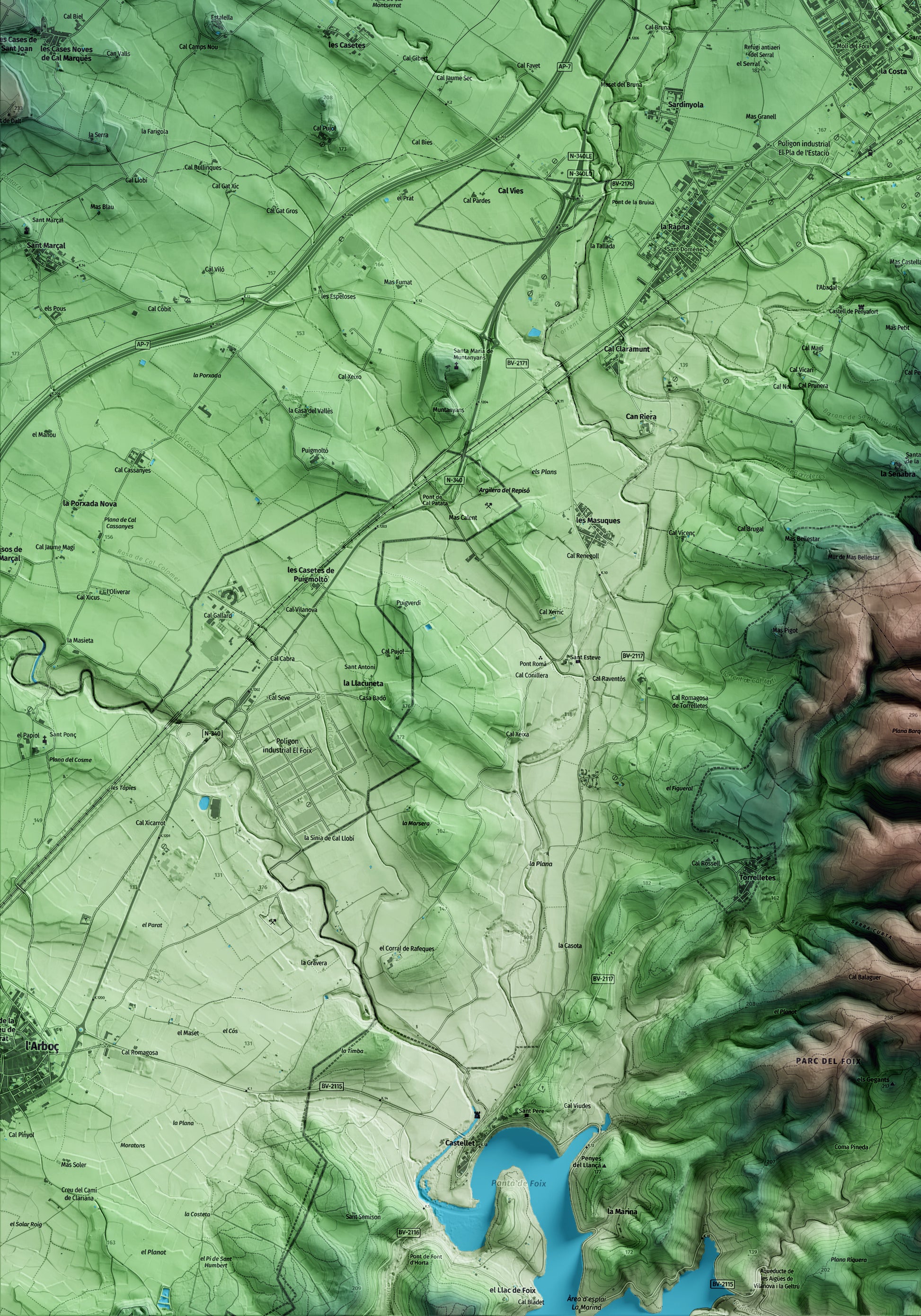 Mapa artístico del relieve de Santa Margarida i els Monjos, al Alt Penedès, con 15 km de entorno y base topográfica ICGC. Detalle de la zona inferior izquierda.