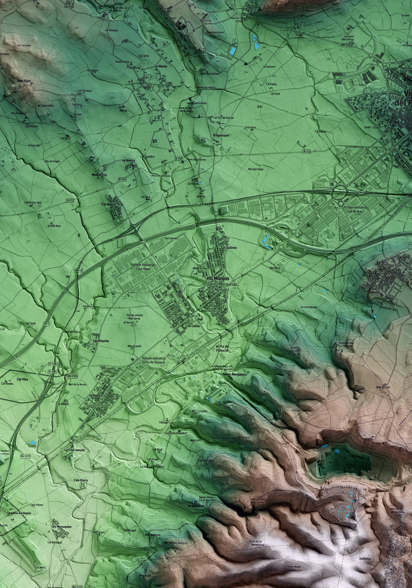 Mapa artístico del relieve de Santa Margarida i els Monjos, al Alt Penedès, con 15 km de entorno y base topográfica ICGC. Detalle de la zona central.