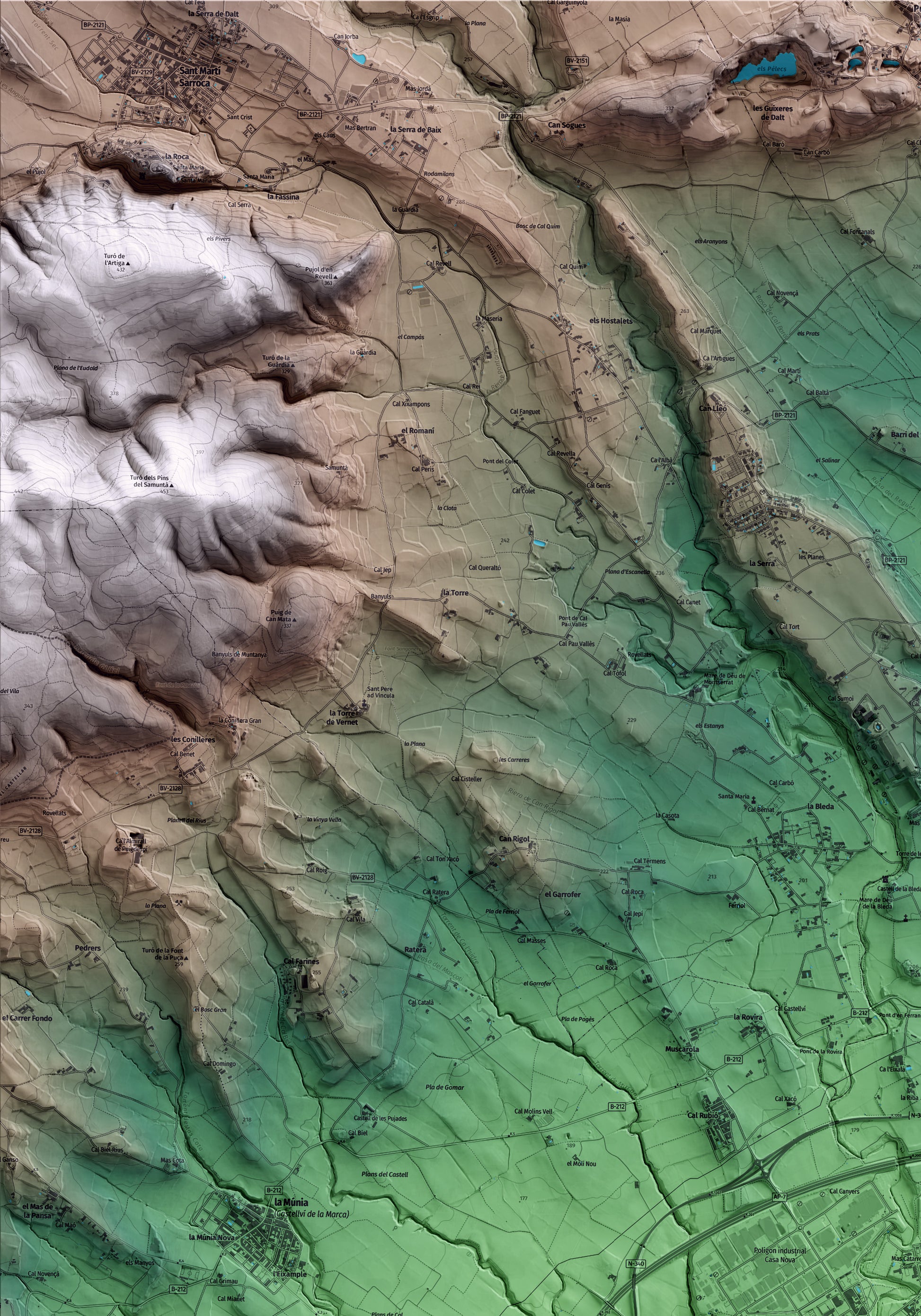 Mapa artístico del relieve de Santa Margarida i els Monjos, al Alt Penedès, con 15 km de entorno y base topográfica ICGC. Detalle de la zona superior izquierda.