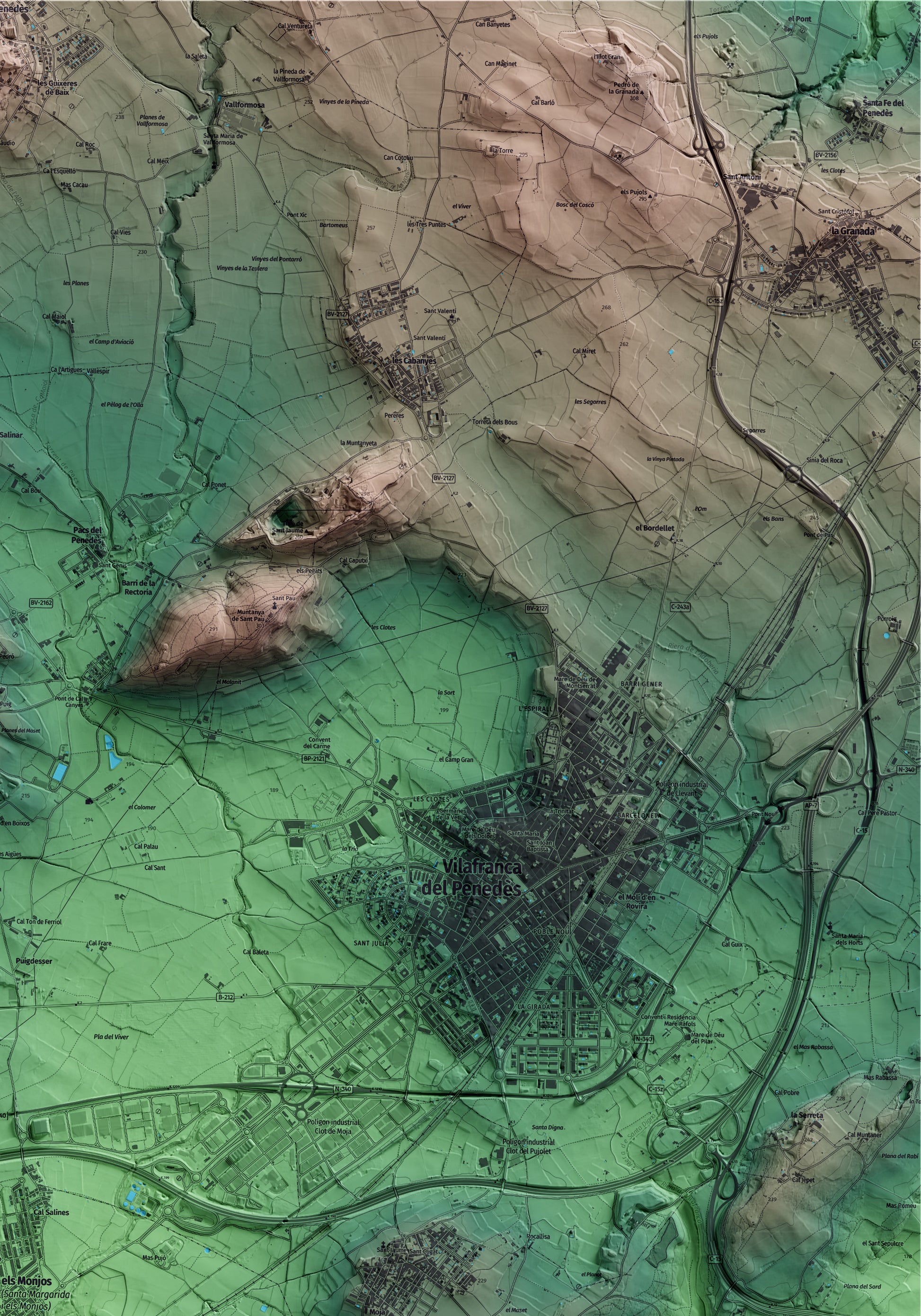 Mapa artístico del relieve de Santa Margarida i els Monjos, al Alt Penedès, con 15 km de entorno y base topográfica ICGC. Detalle de la zona superior derecha.
