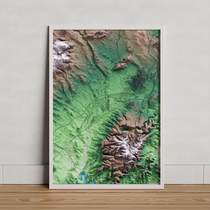 Mapa artístico del relieve de Santa Margarida i els Monjos, al Alt Penedès, con 15 km de entorno y base topográfica ICGC. Presentación enmarcada.