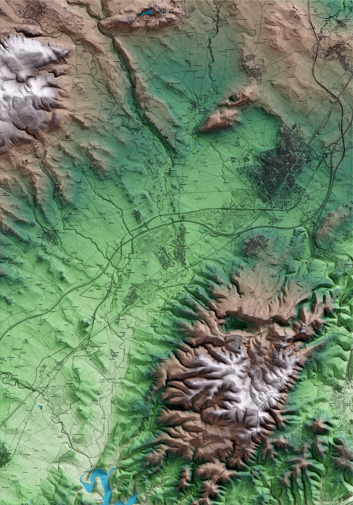 Mapa artístico del relieve de Santa Margarida i els Monjos, al Alt Penedès, con 15 km de entorno y base topográfica ICGC