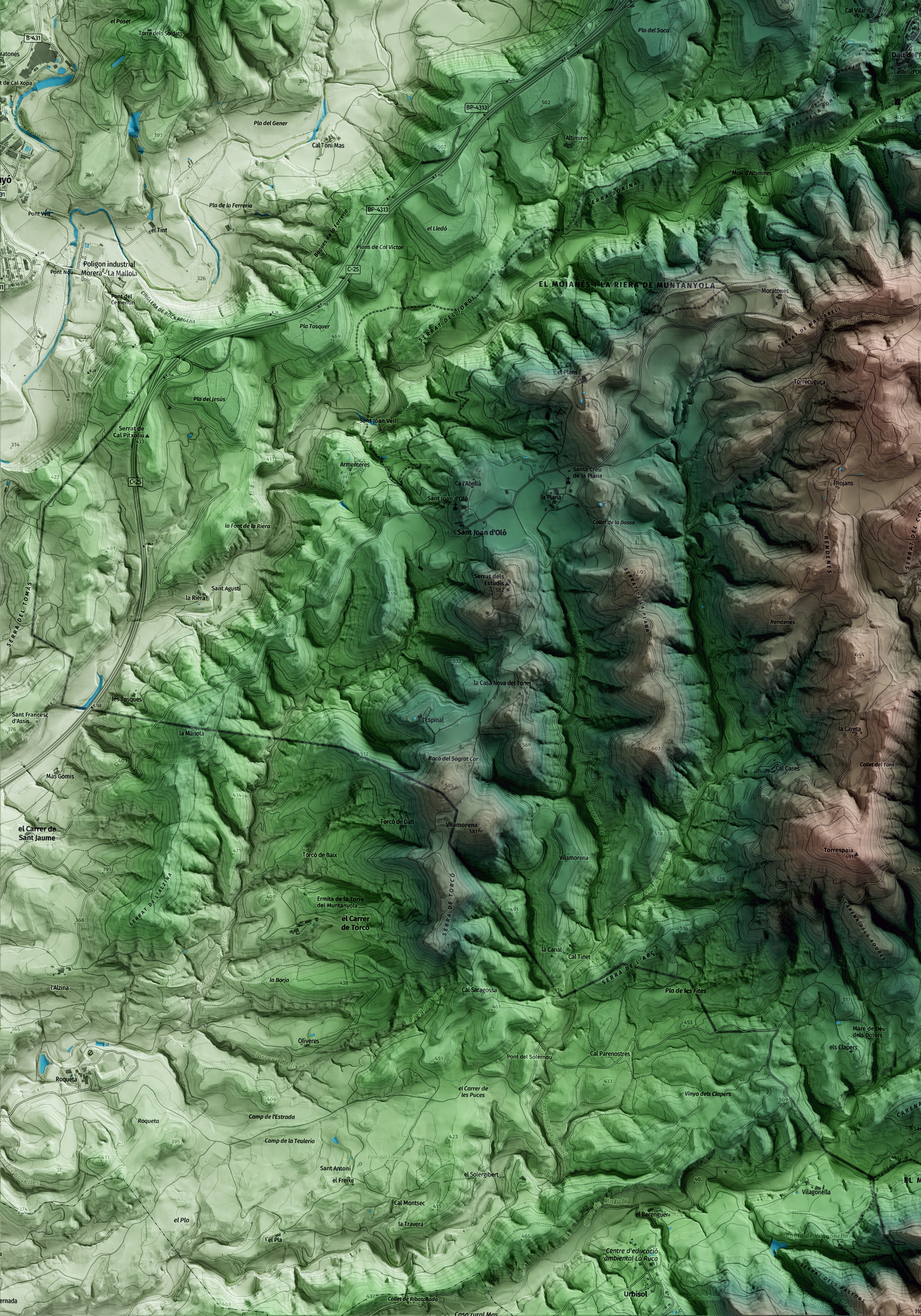 Mapa artístico del relieve de Santa Maria d'Oló, al Moianès, con 15 km de entorno y base topográfica ICGC. Detalle de la zona inferior izquierda.