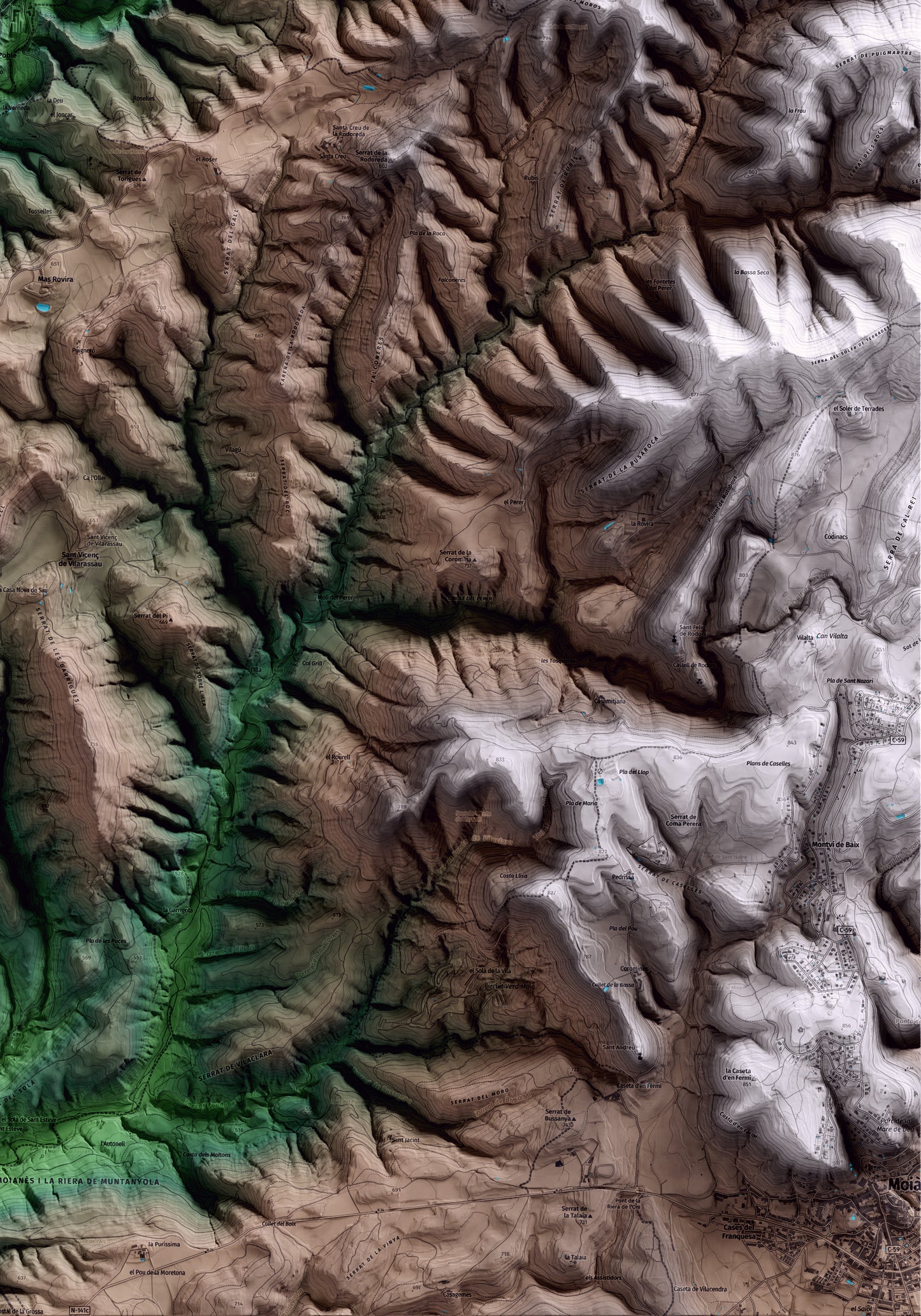 Mapa artístico del relieve de Santa Maria d'Oló, al Moianès, con 15 km de entorno y base topográfica ICGC. Detalle de la zona inferior derecha.