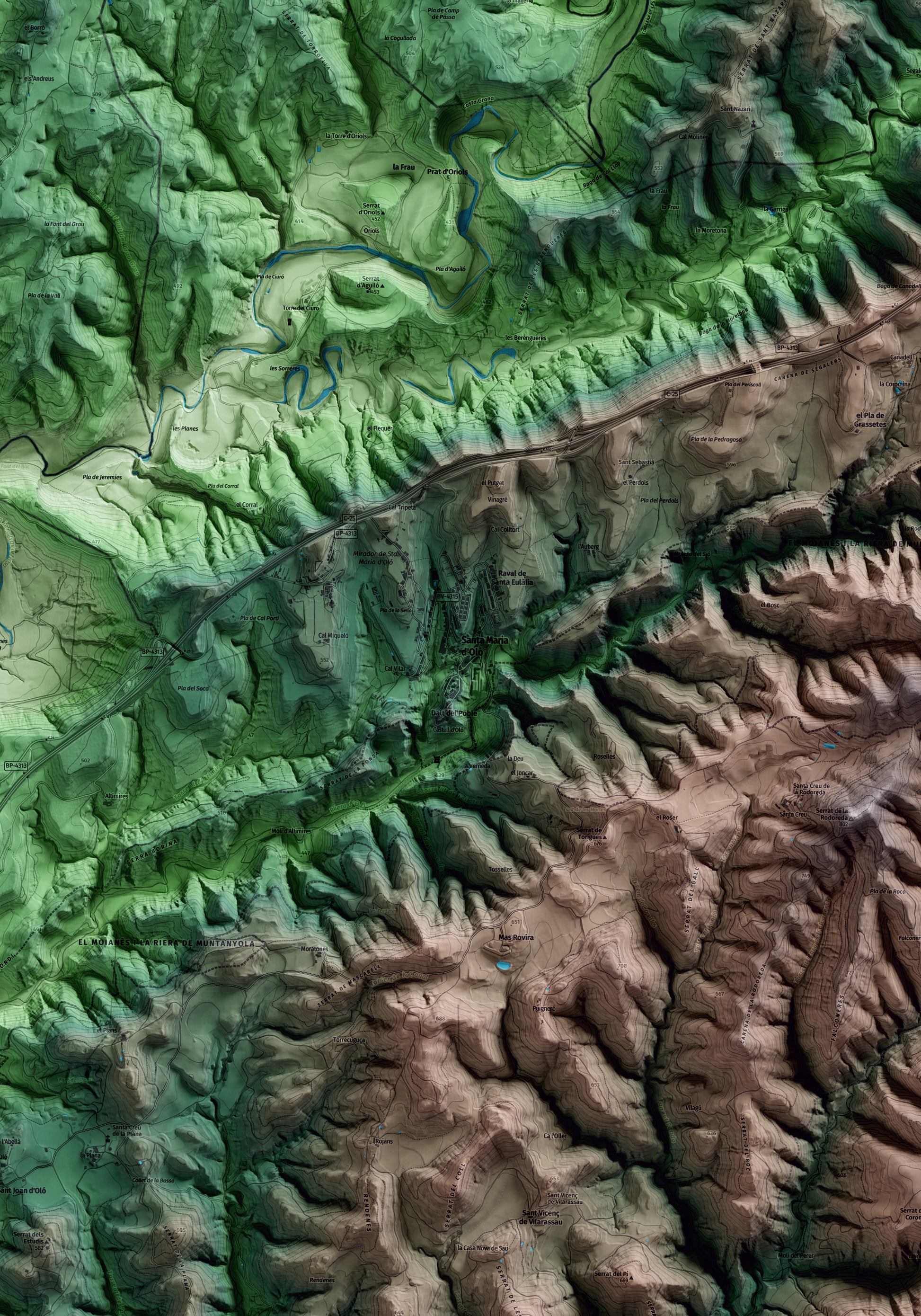Mapa artístico del relieve de Santa Maria d'Oló, al Moianès, con 15 km de entorno y base topográfica ICGC. Detalle de la zona central.