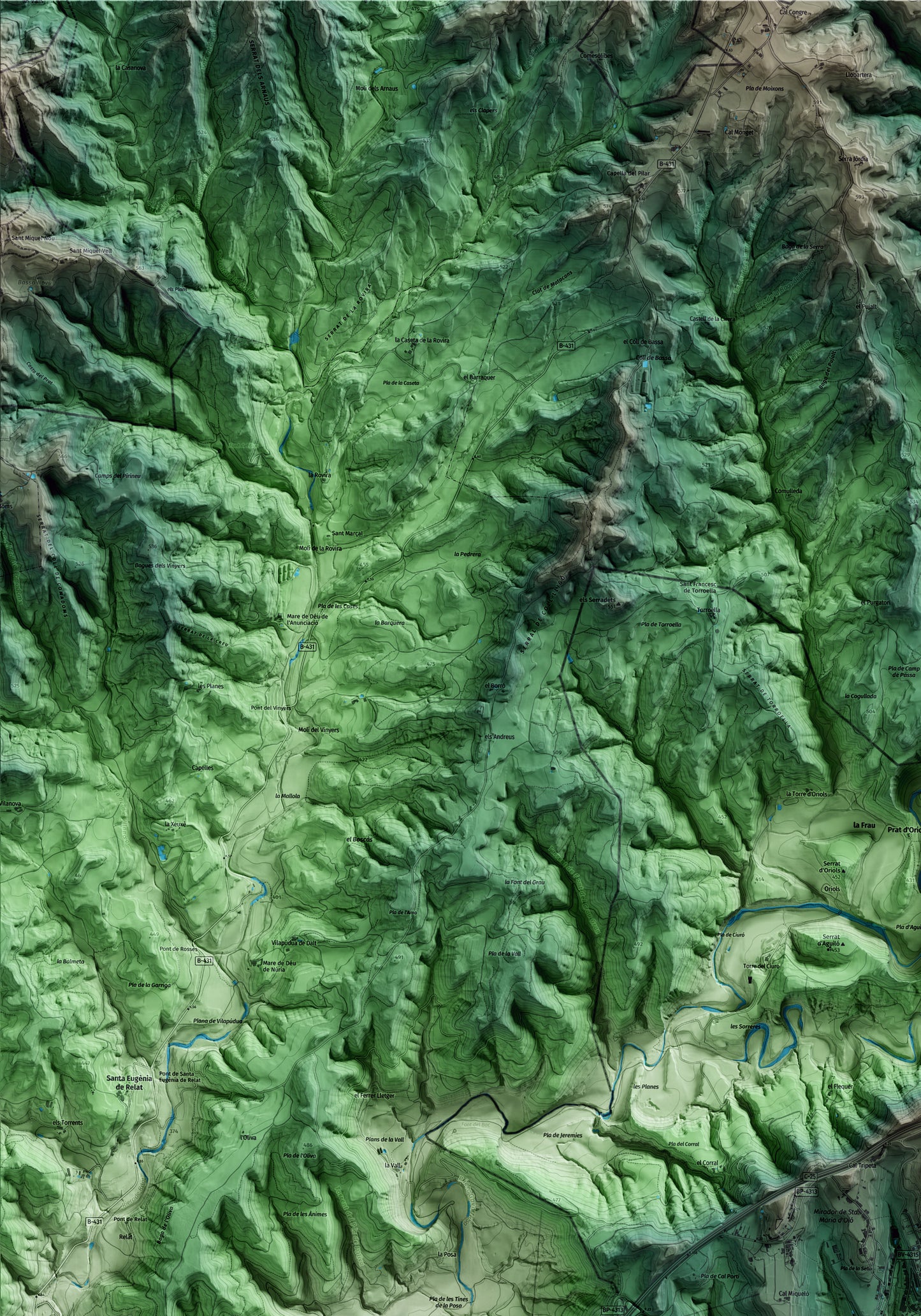 Mapa artístico del relieve de Santa Maria d'Oló, al Moianès, con 15 km de entorno y base topográfica ICGC. Detalle de la zona superior izquierda.