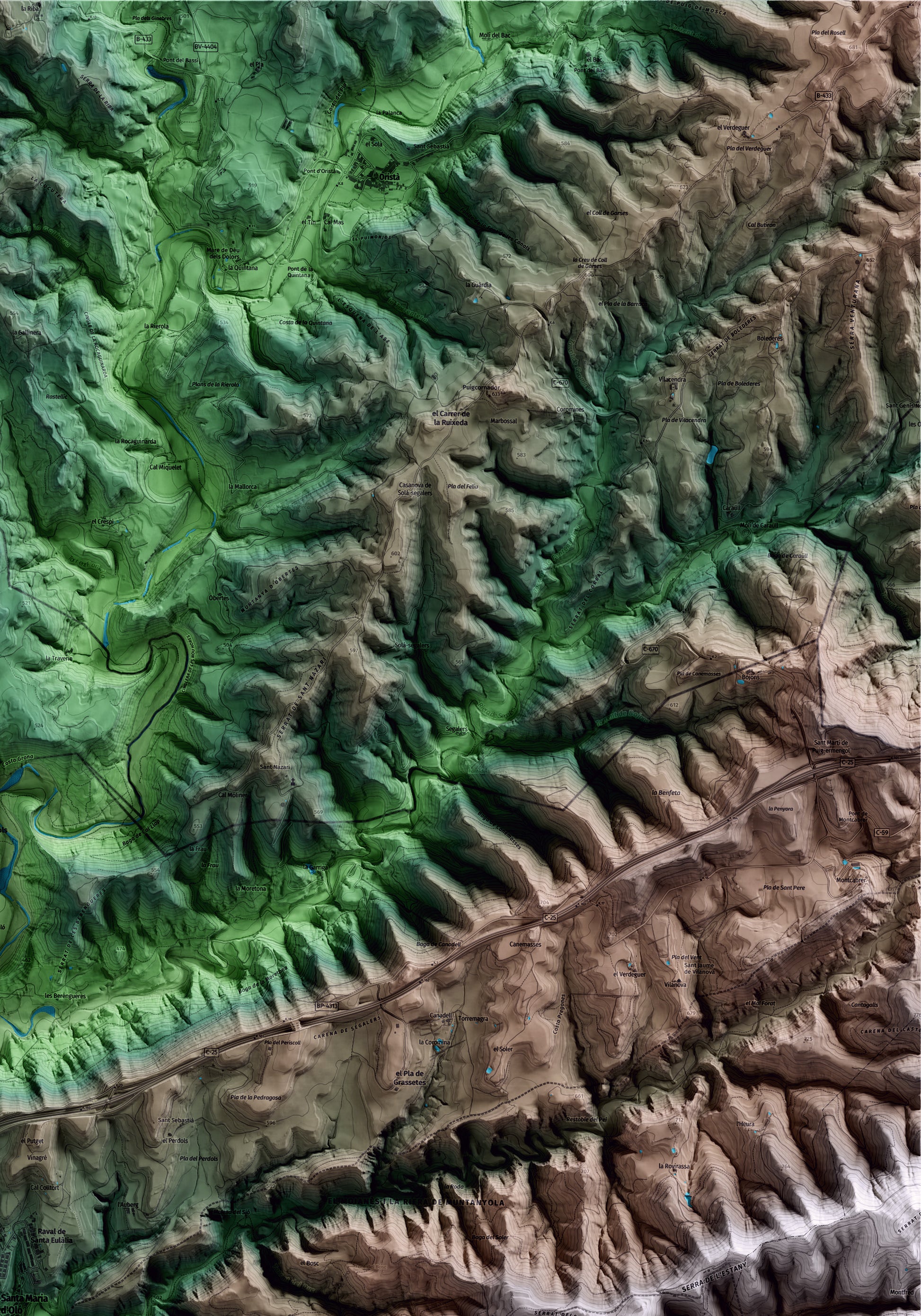 Mapa artístico del relieve de Santa Maria d'Oló, al Moianès, con 15 km de entorno y base topográfica ICGC. Detalle de la zona superior derecha.
