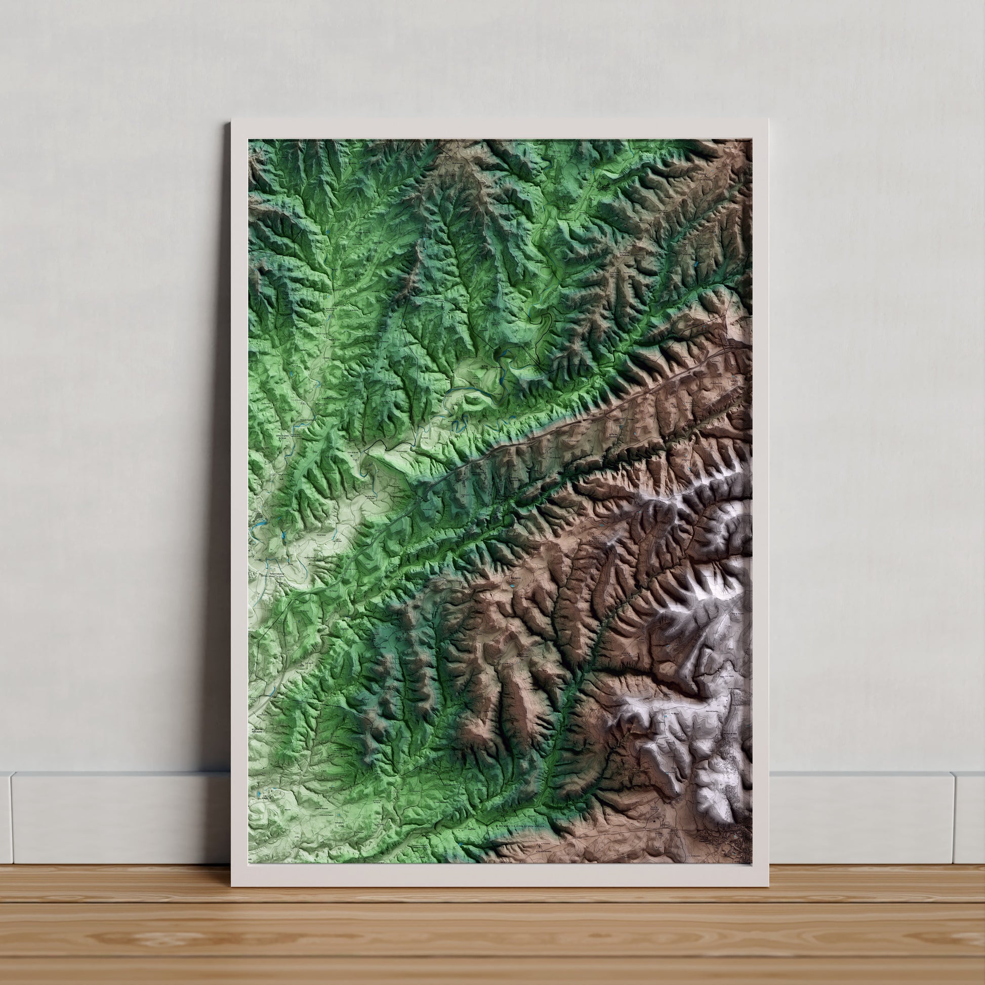 Mapa artístico del relieve de Santa Maria d'Oló, al Moianès, con 15 km de entorno y base topográfica ICGC. Presentación enmarcada.