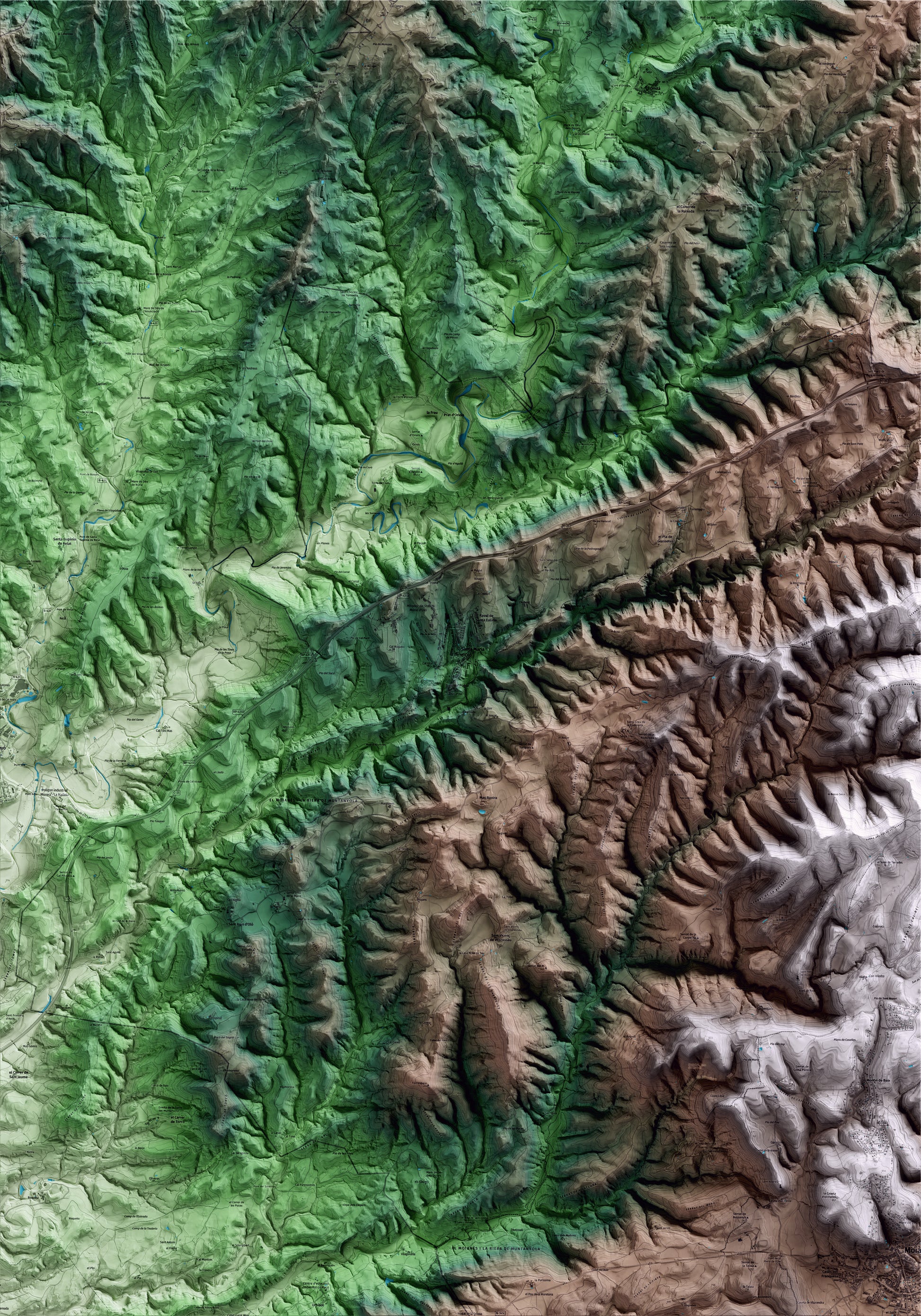Mapa artístico del relieve de Santa Maria d'Oló, al Moianès, con 15 km de entorno y base topográfica ICGC