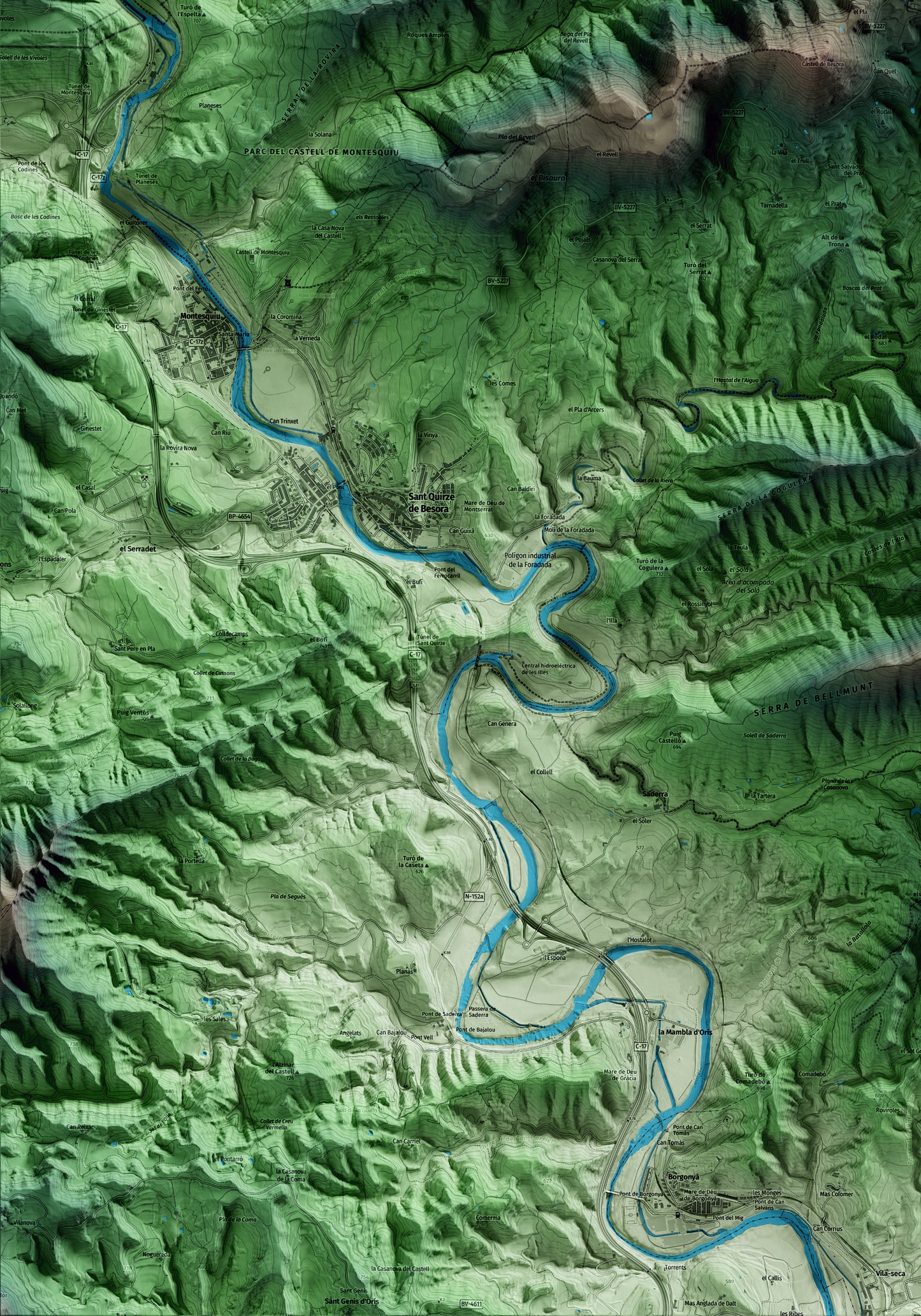 Mapa artístico del relieve de Santa Maria de Besora, a Osona, con 15 km de entorno y base topográfica ICGC. Detalle de la zona inferior izquierda.