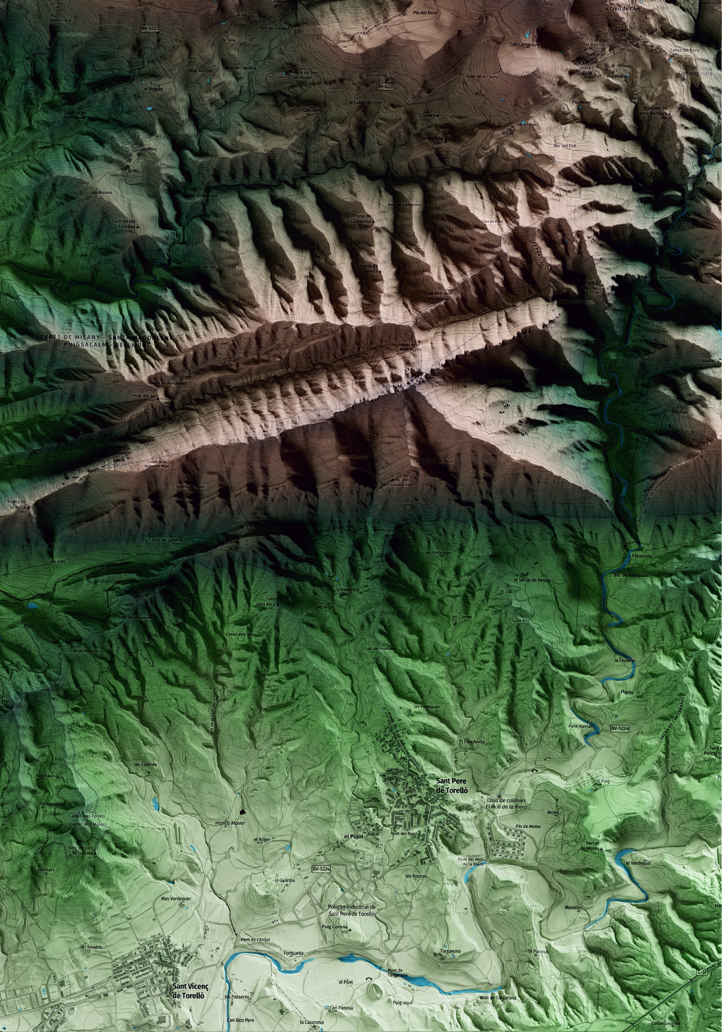 Mapa artístico del relieve de Santa Maria de Besora, a Osona, con 15 km de entorno y base topográfica ICGC. Detalle de la zona inferior derecha.
