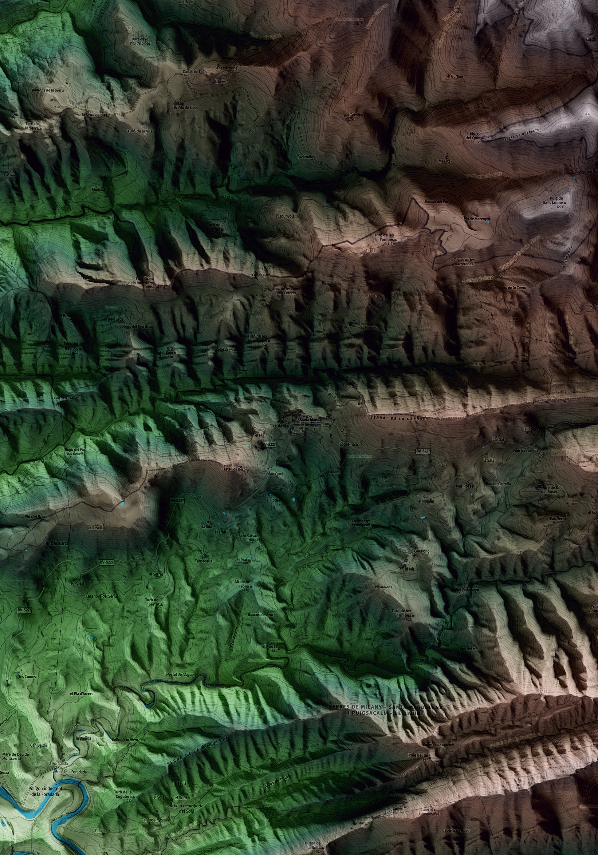 Mapa artístico del relieve de Santa Maria de Besora, a Osona, con 15 km de entorno y base topográfica ICGC. Detalle de la zona central.
