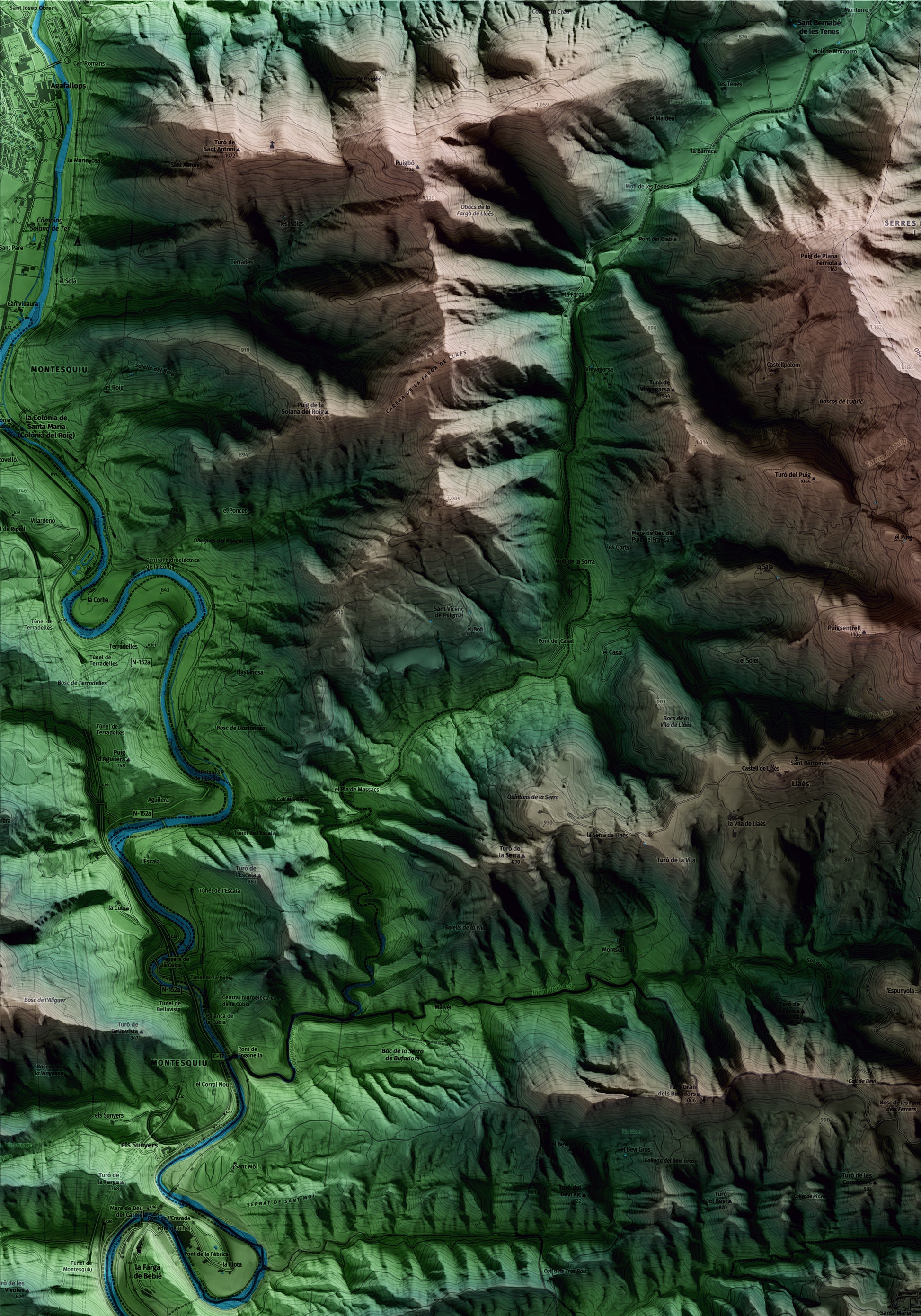 Mapa artístico del relieve de Santa Maria de Besora, a Osona, con 15 km de entorno y base topográfica ICGC. Detalle de la zona superior izquierda.