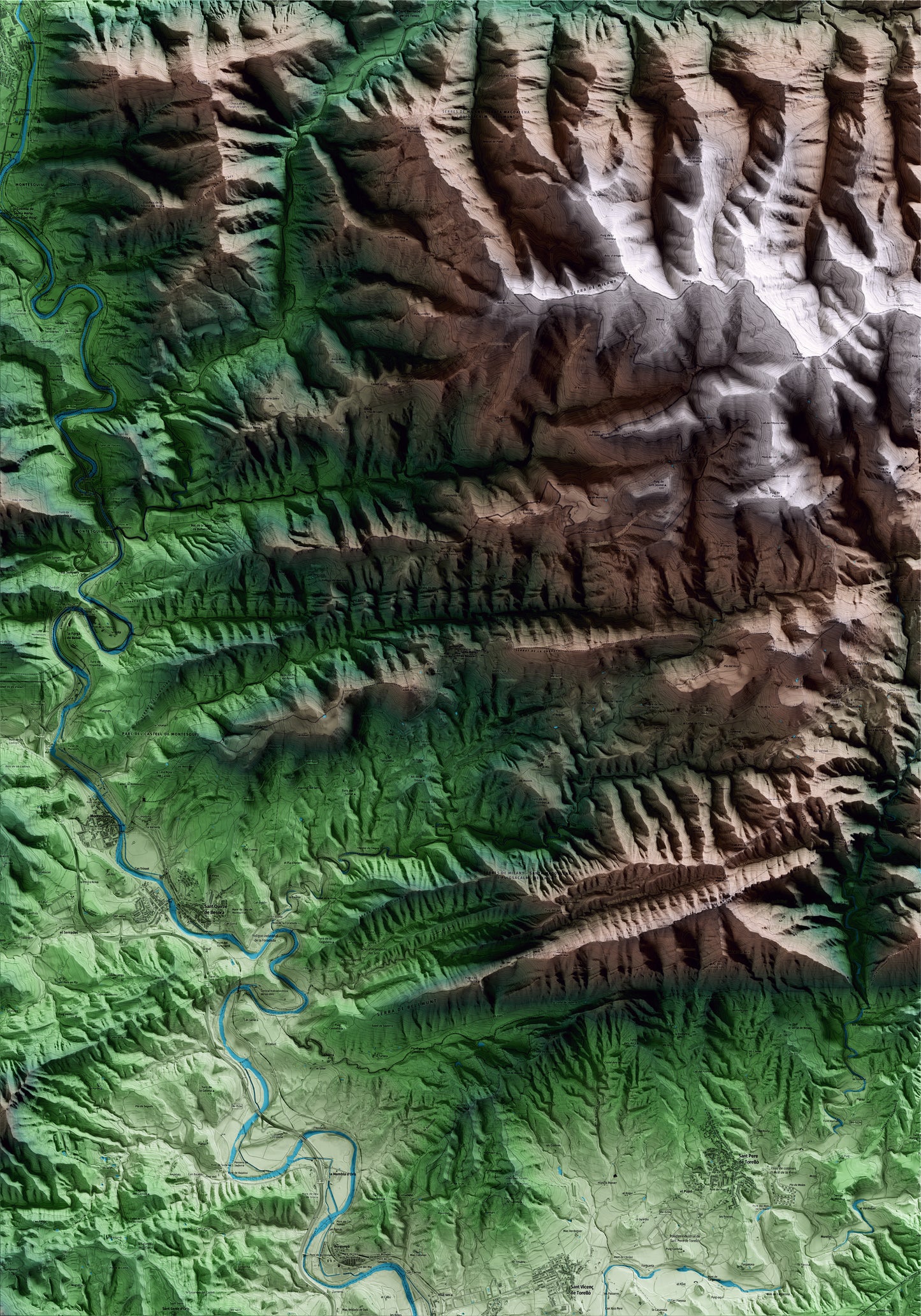 Mapa artístico del relieve de Santa Maria de Besora, a Osona, con 15 km de entorno y base topográfica ICGC
