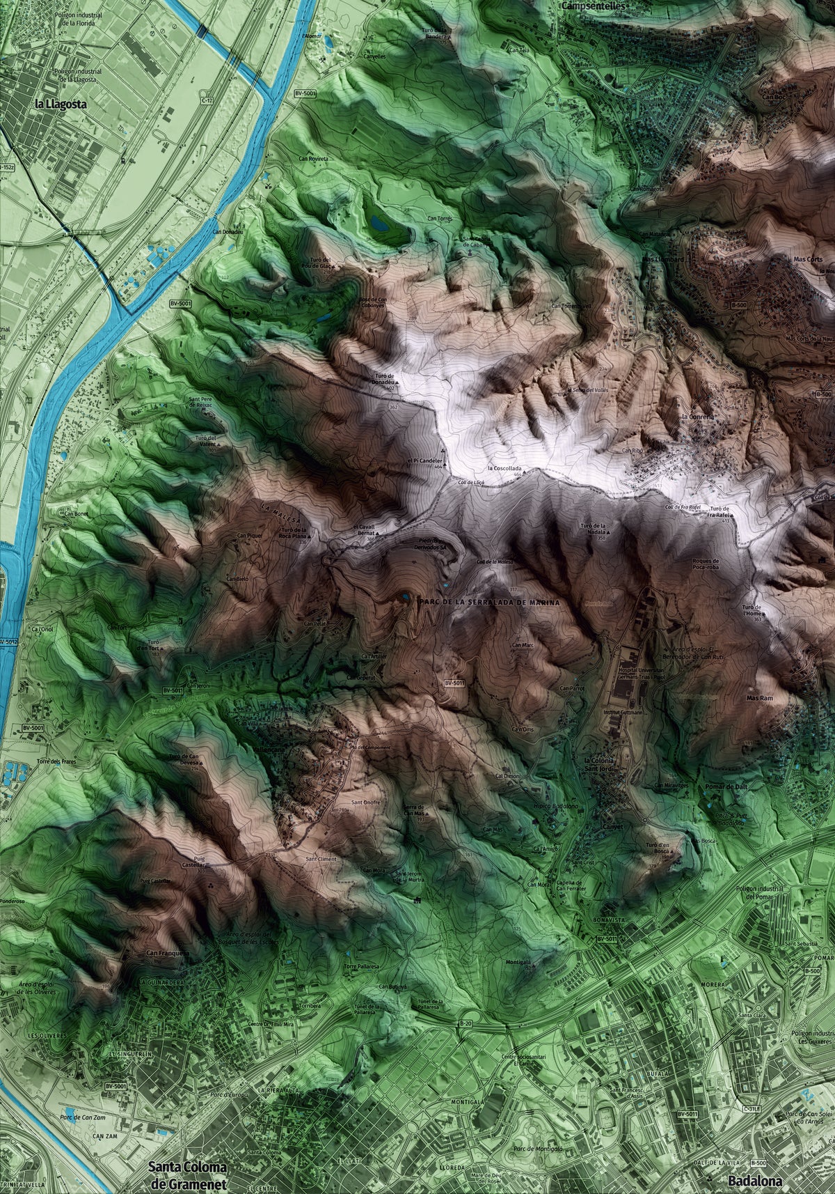 Mapa artístico del relieve de Santa Maria de Martorelles, al Vallès Oriental, con 15 km de entorno y base topográfica ICGC. Detalle de la zona inferior izquierda.