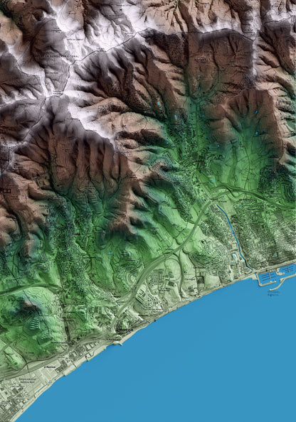 Mapa artístico del relieve de Santa Maria de Martorelles, al Vallès Oriental, con 15 km de entorno y base topográfica ICGC. Detalle de la zona inferior derecha.