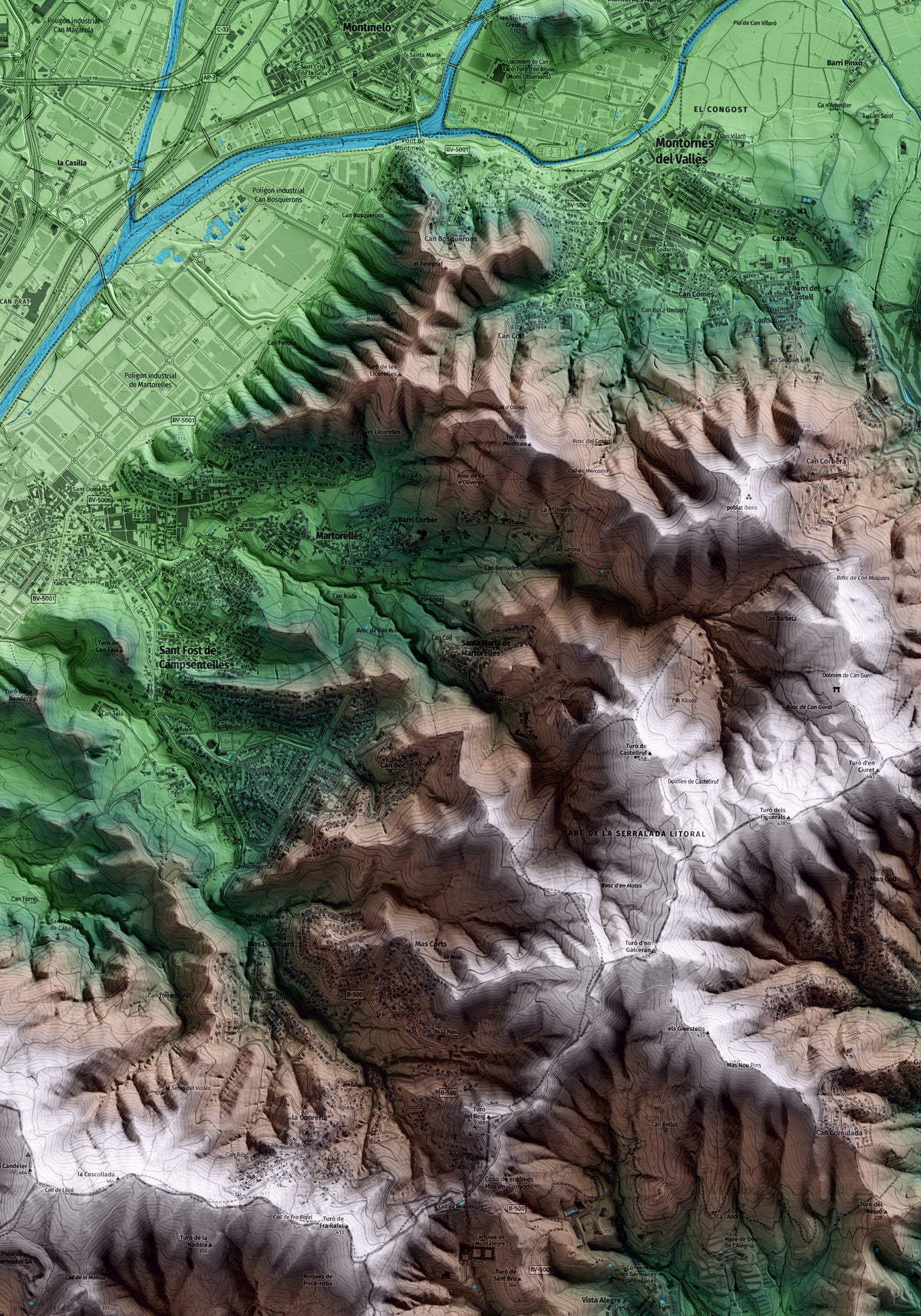 Mapa artístico del relieve de Santa Maria de Martorelles, al Vallès Oriental, con 15 km de entorno y base topográfica ICGC. Detalle de la zona central.