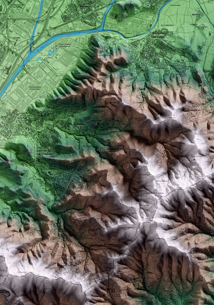 Mapa artístico del relieve de Santa Maria de Martorelles, al Vallès Oriental, con 15 km de entorno y base topográfica ICGC. Detalle de la zona central.