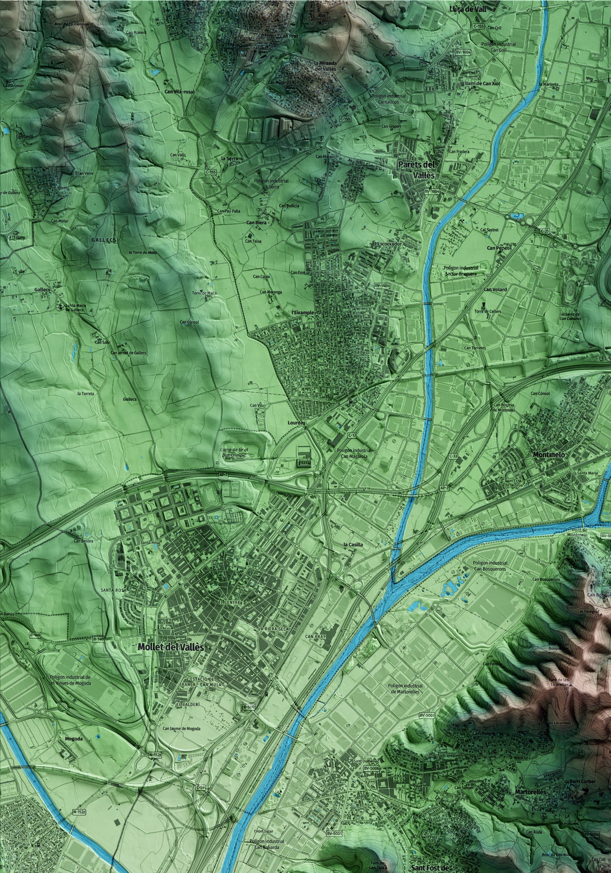 Mapa artístico del relieve de Santa Maria de Martorelles, al Vallès Oriental, con 15 km de entorno y base topográfica ICGC. Detalle de la zona superior izquierda.