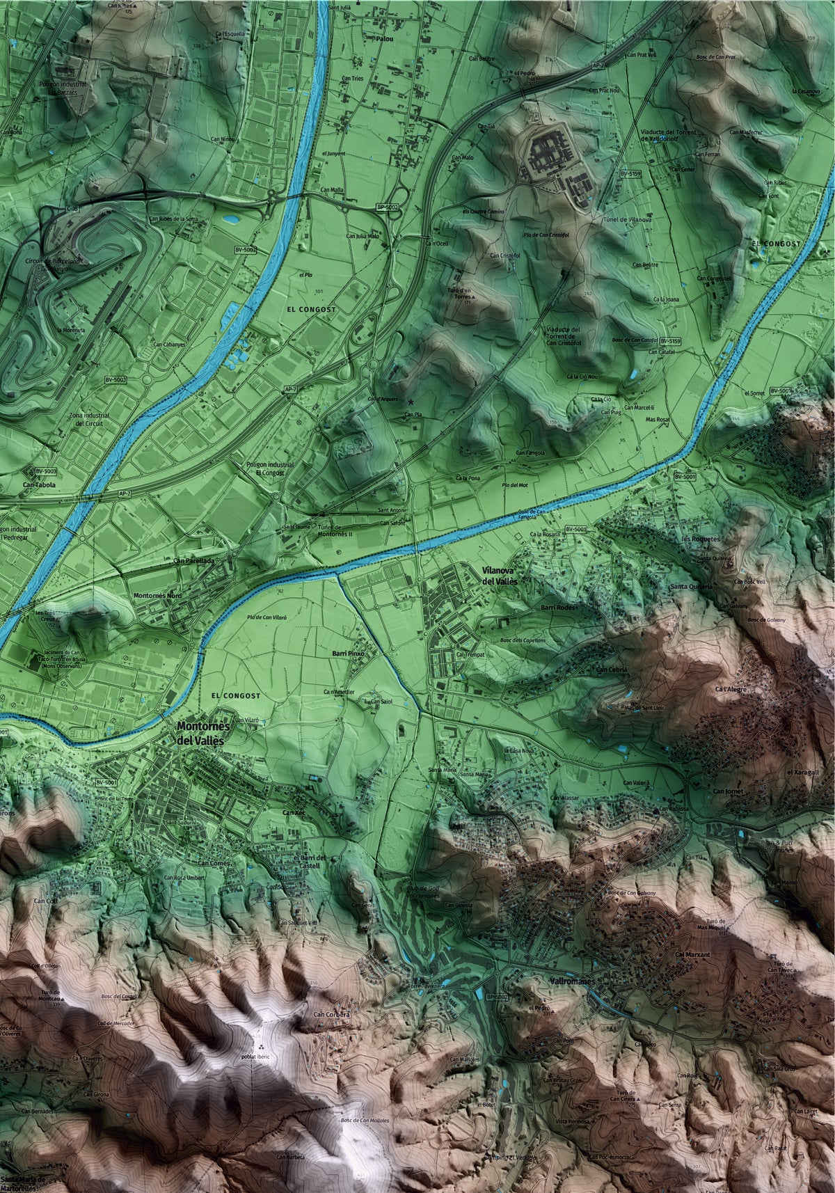 Mapa artístico del relieve de Santa Maria de Martorelles, al Vallès Oriental, con 15 km de entorno y base topográfica ICGC. Detalle de la zona superior derecha.