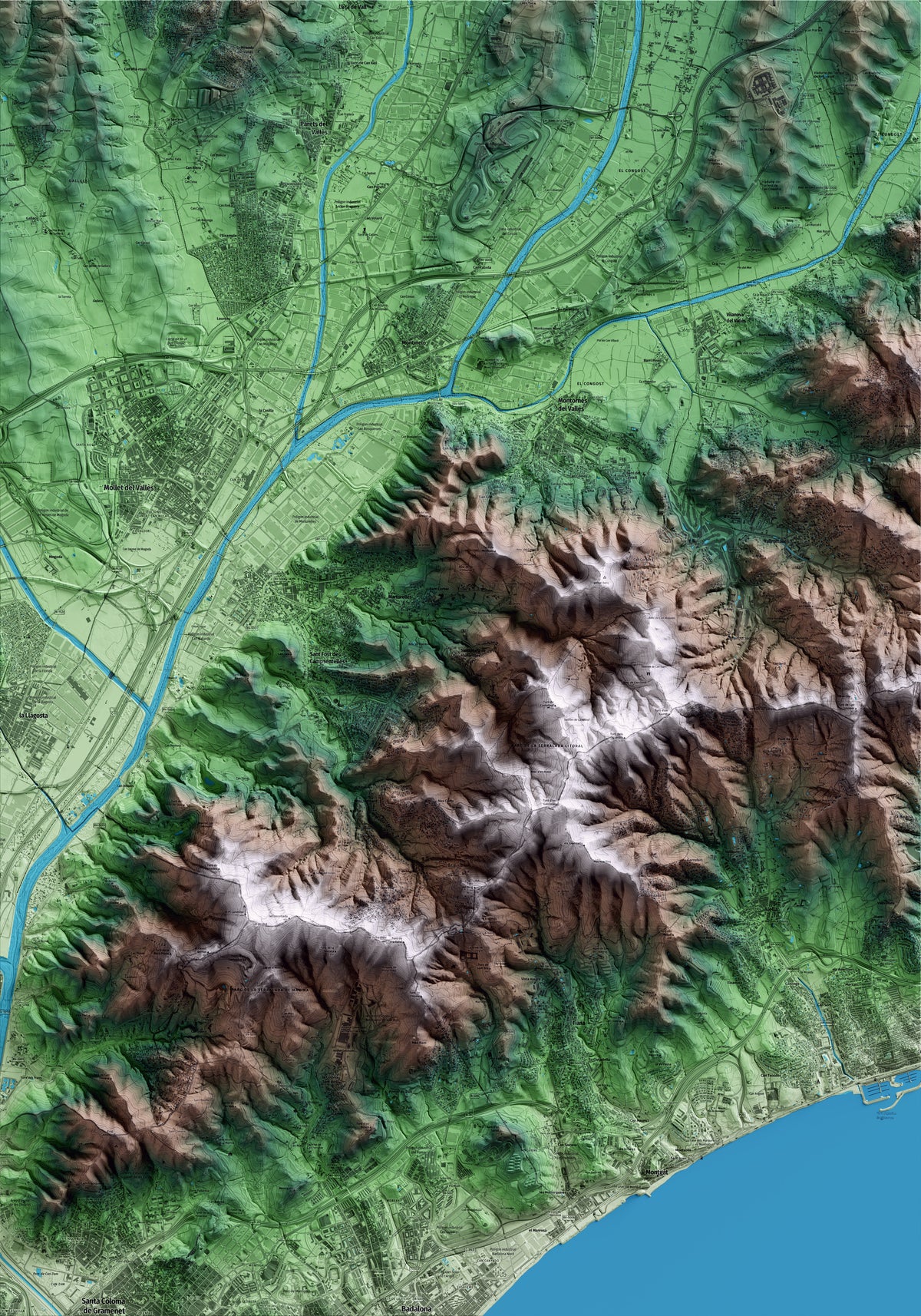 Mapa artístico del relieve de Santa Maria de Martorelles, al Vallès Oriental, con 15 km de entorno y base topográfica ICGC
