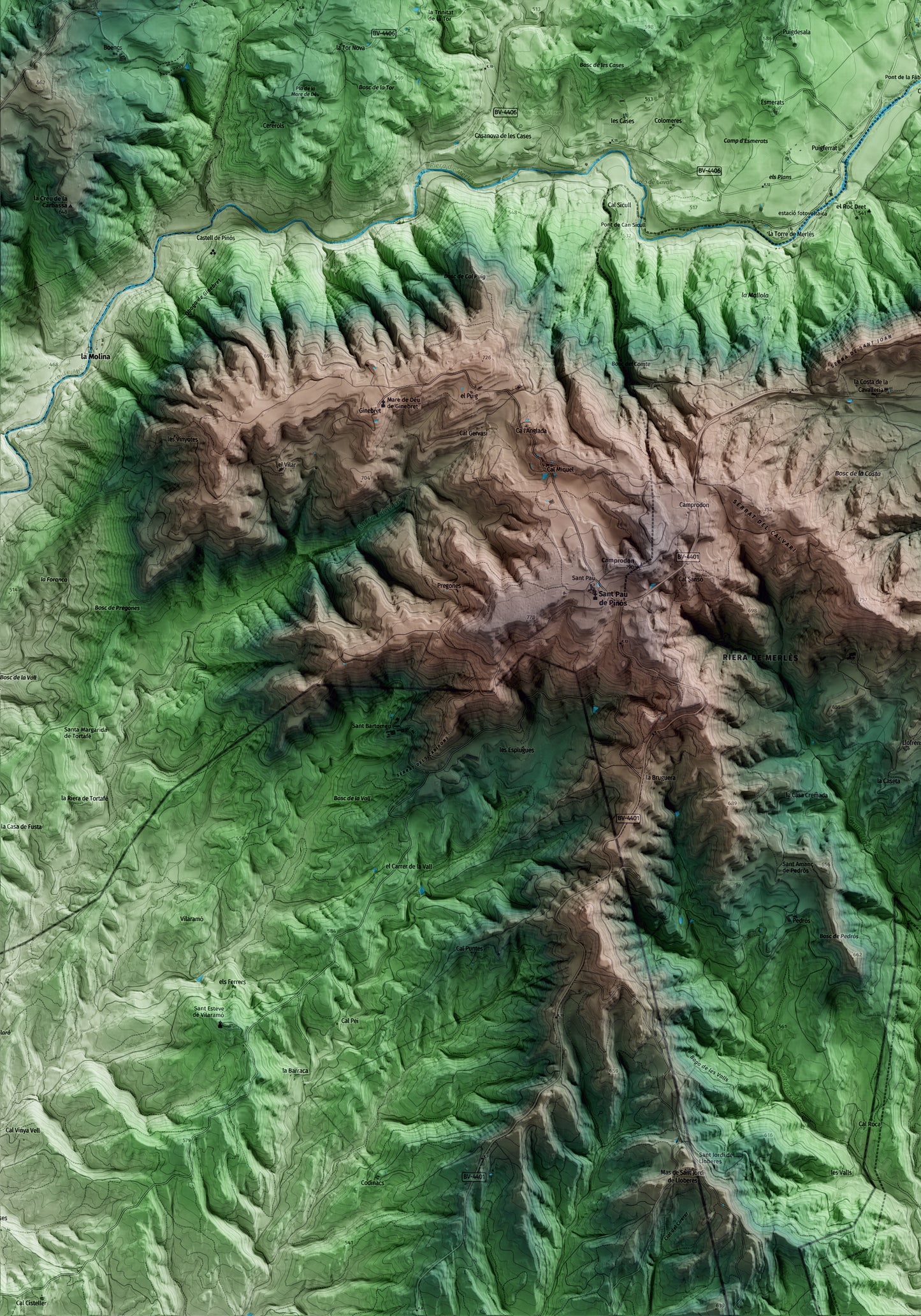 Mapa artístico del relieve de Santa Maria de Merlès, al Berguedà, con 15 km de entorno y base topográfica ICGC. Detalle de la zona inferior izquierda.