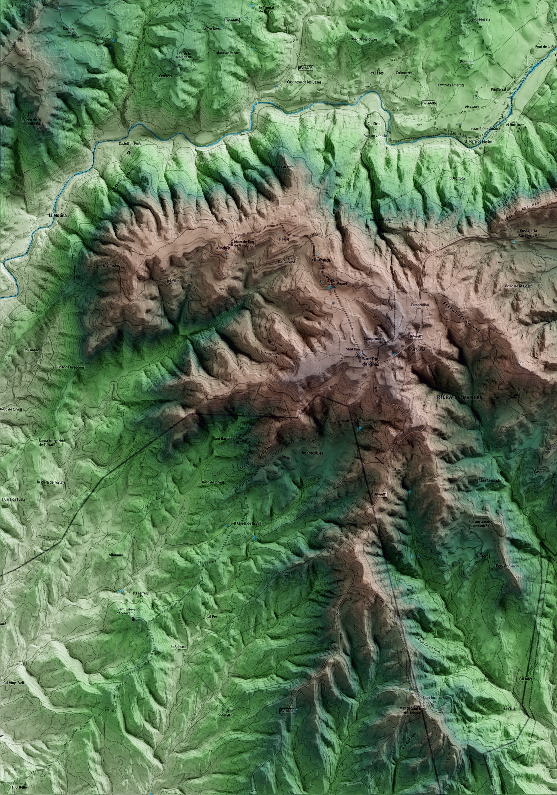 Mapa artístico del relieve de Santa Maria de Merlès, al Berguedà, con 15 km de entorno y base topográfica ICGC. Detalle de la zona inferior izquierda.